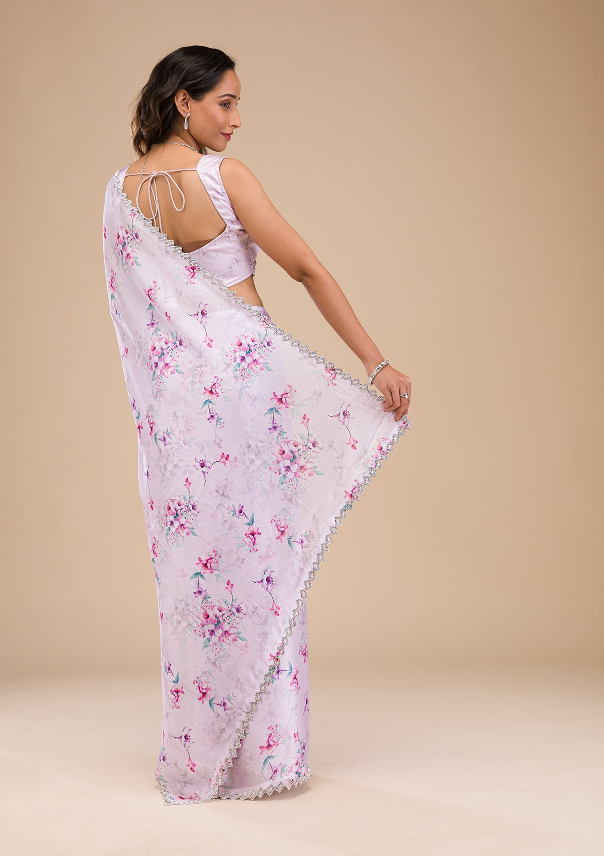 Pink Stonework (Silver) Semi Crepe Saree