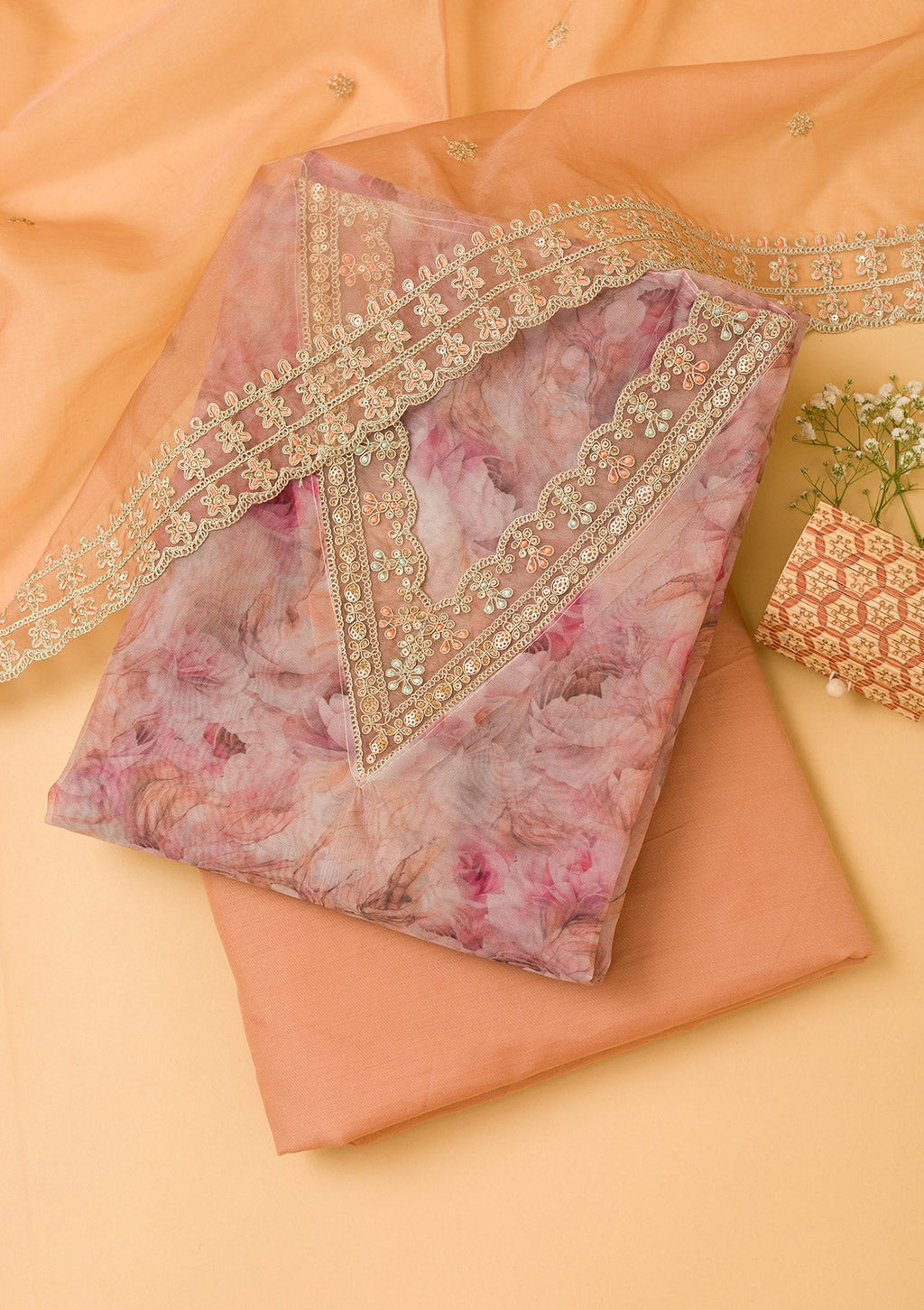 Lavender Printed Organza Unstitched Salwar Suit