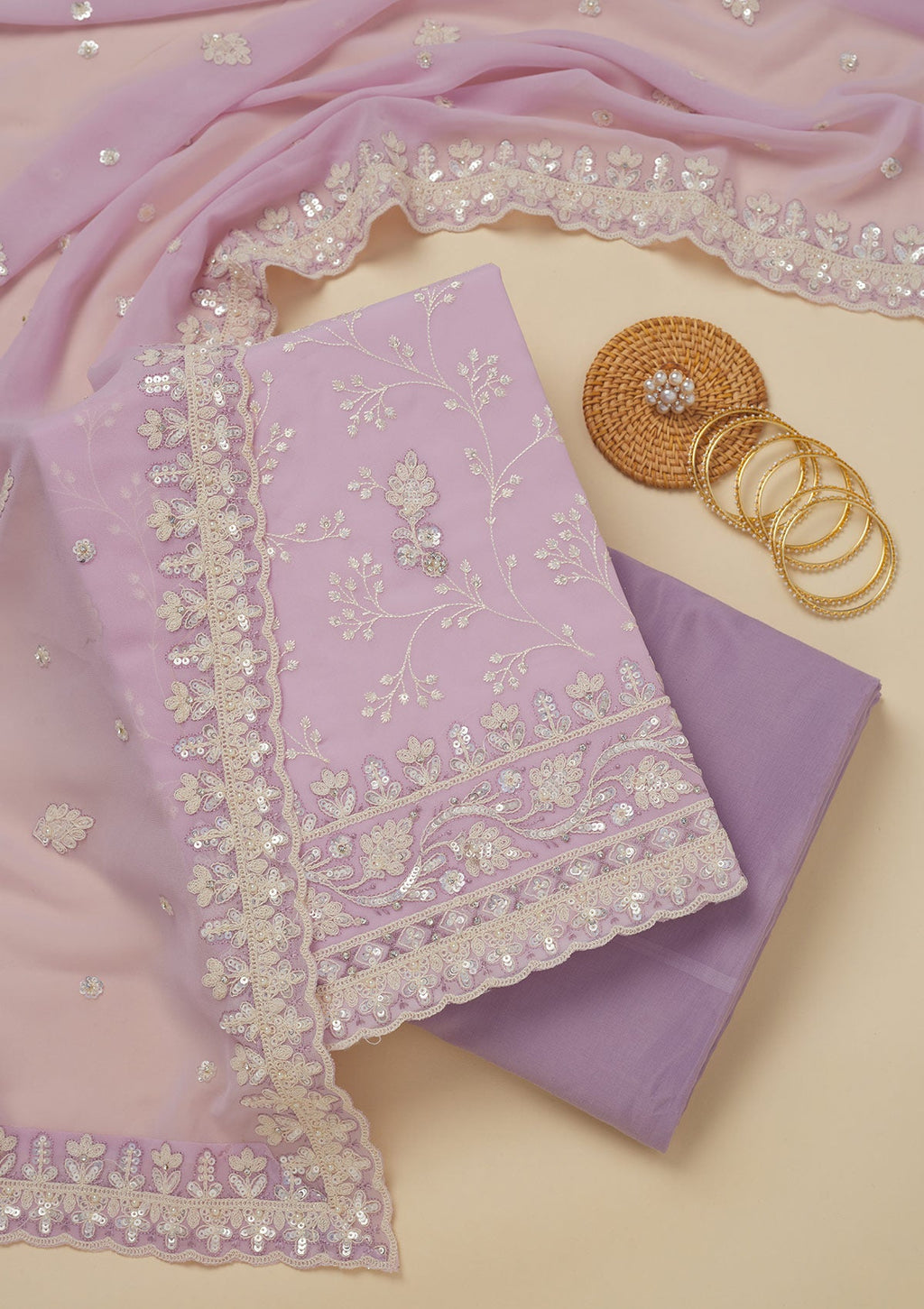Lavender Sequins Georgette Unstitched Salwar Suit