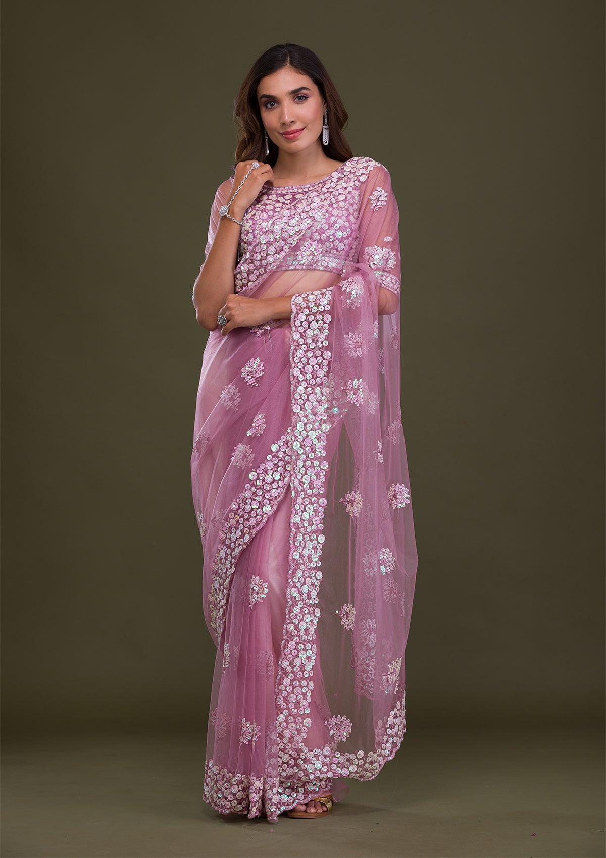 Lavender Sequins Net Saree