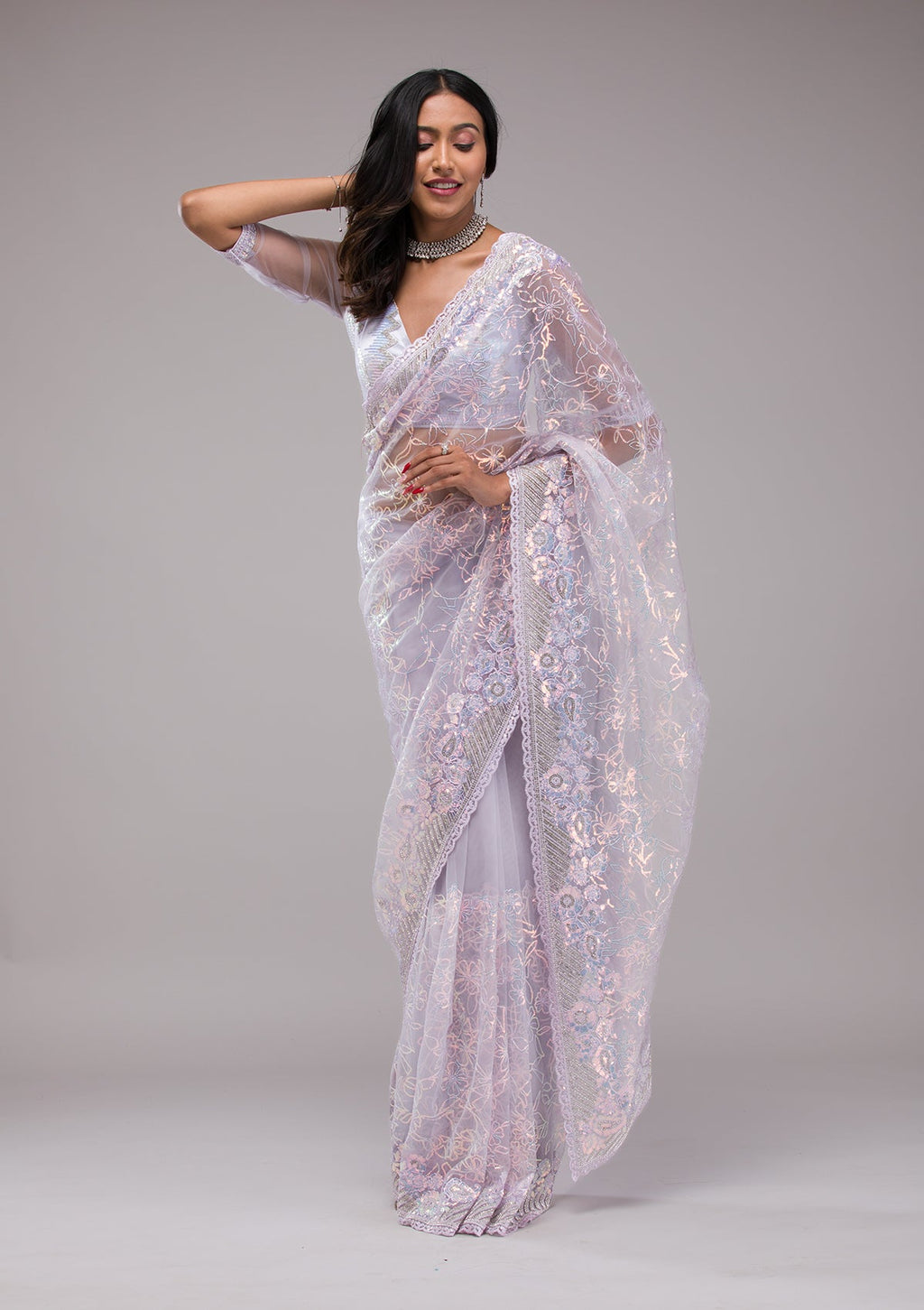 Lavender Sequins Net Saree
