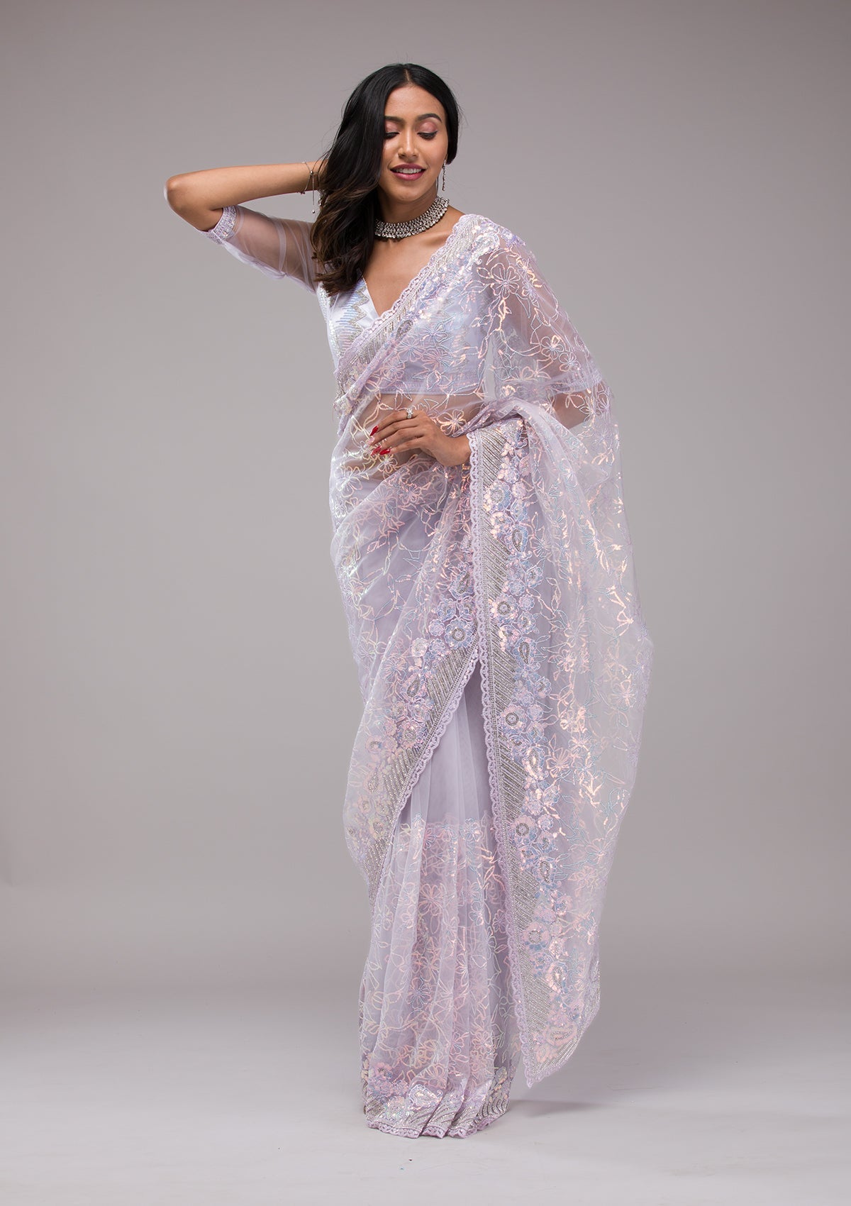 Lavender Sequins Net Saree