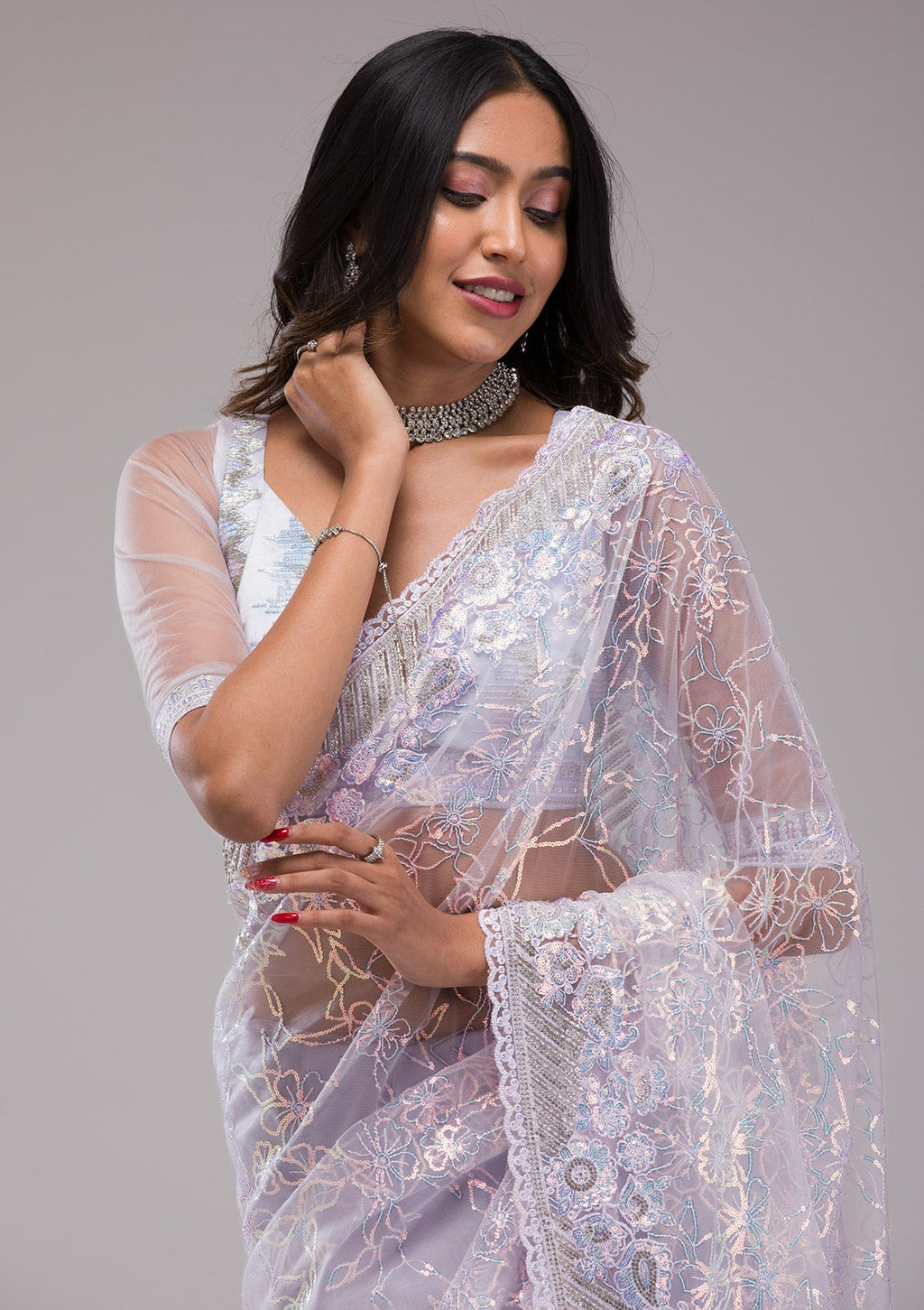 Lavender Sequins Net Saree