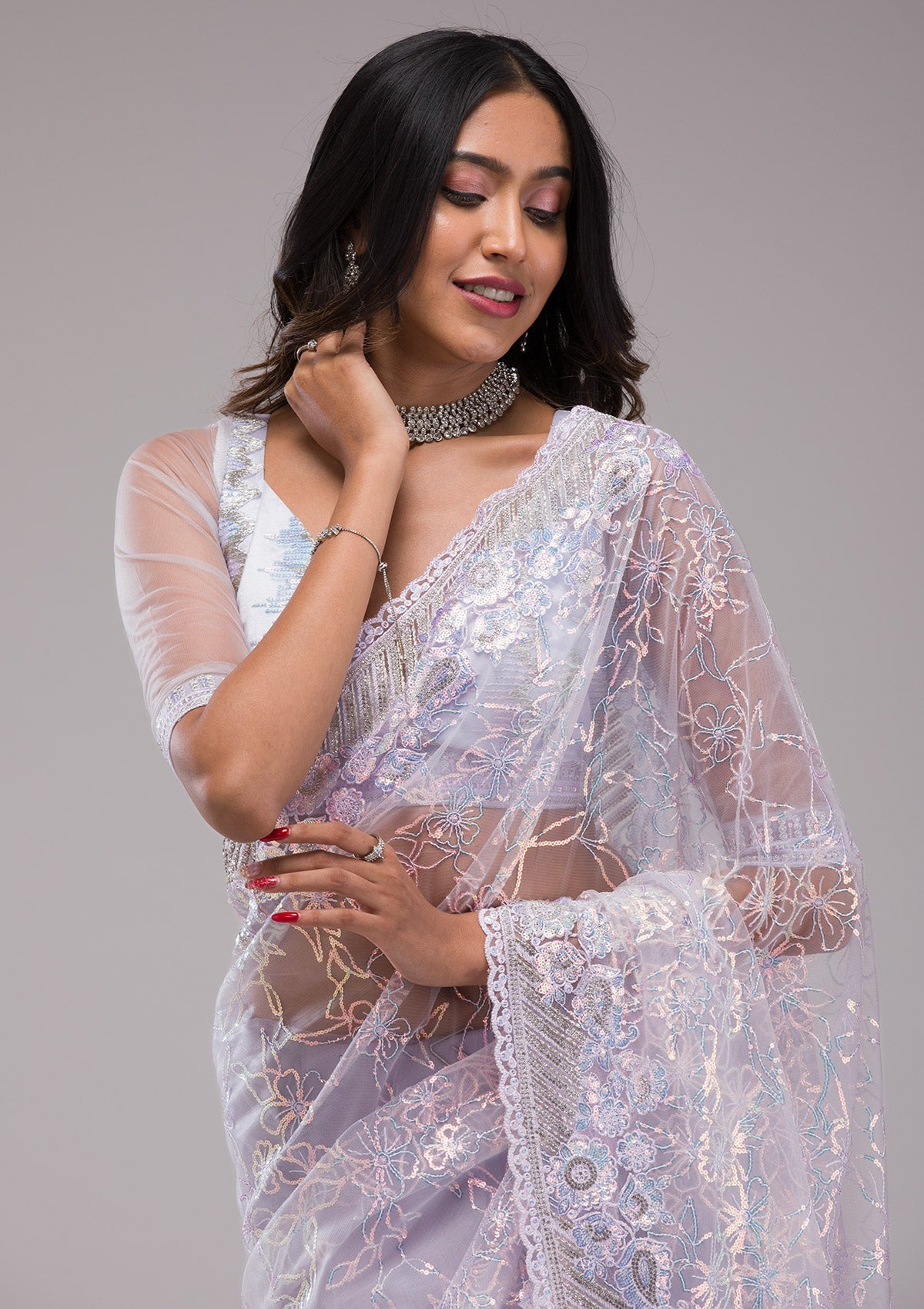 Lavender Sequins Net Saree