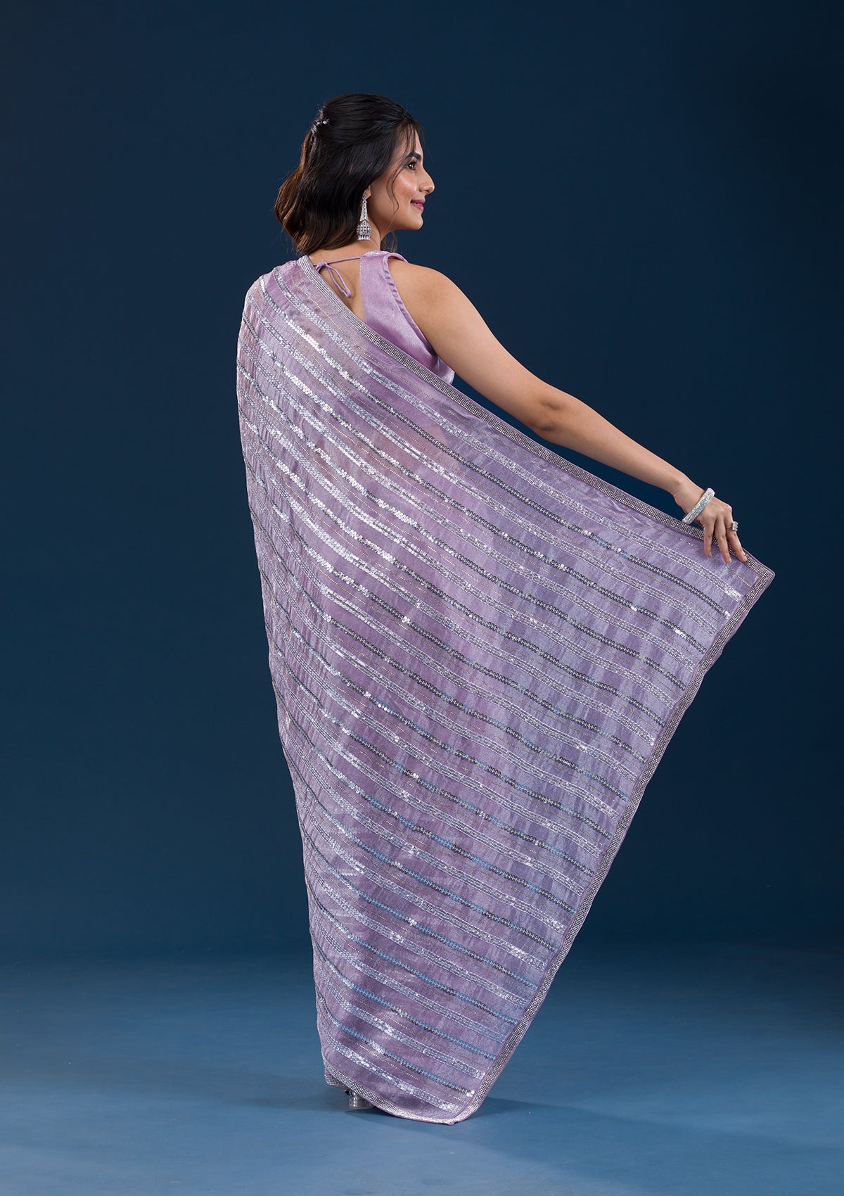 Lavender Sequins Semi Crepe Saree