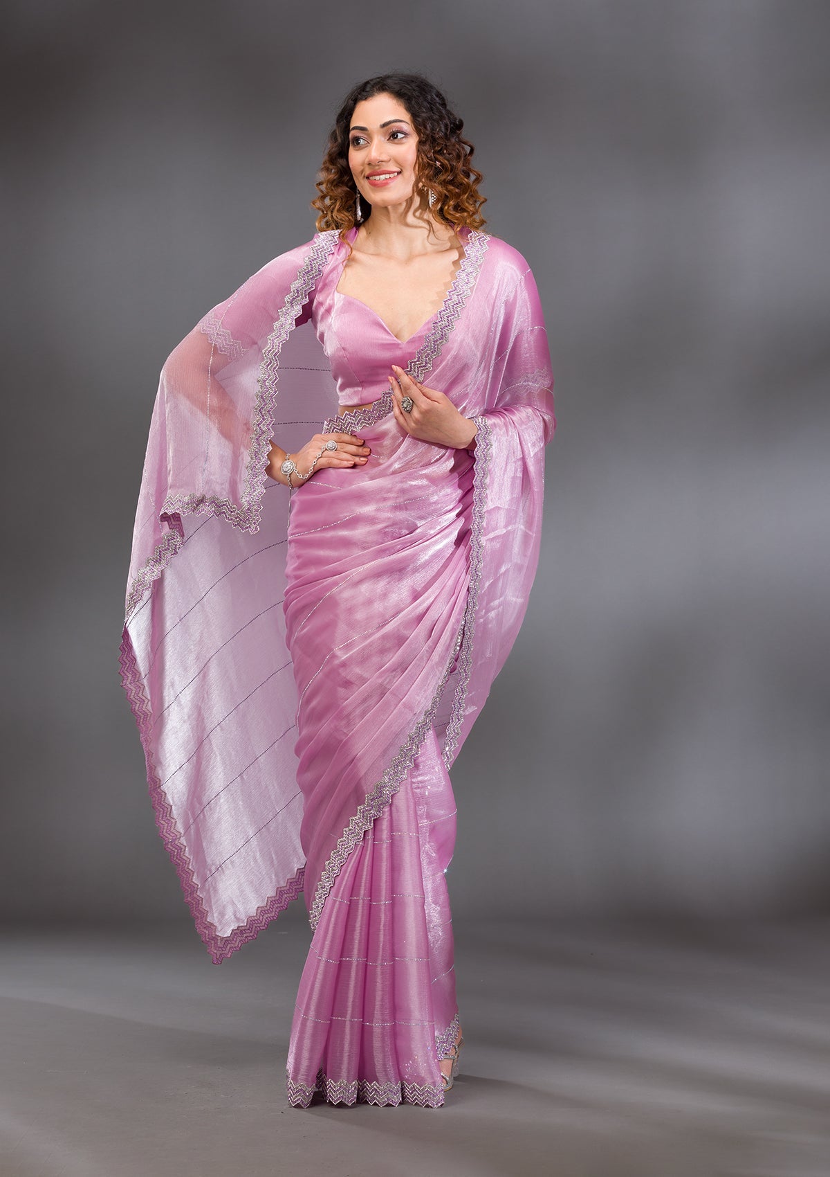 Lavender Stonework (Silver) Organza Saree