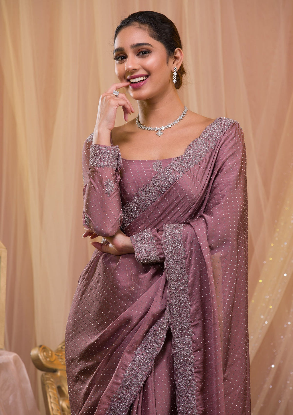 Lavender Stonework Crepe Designer Saree