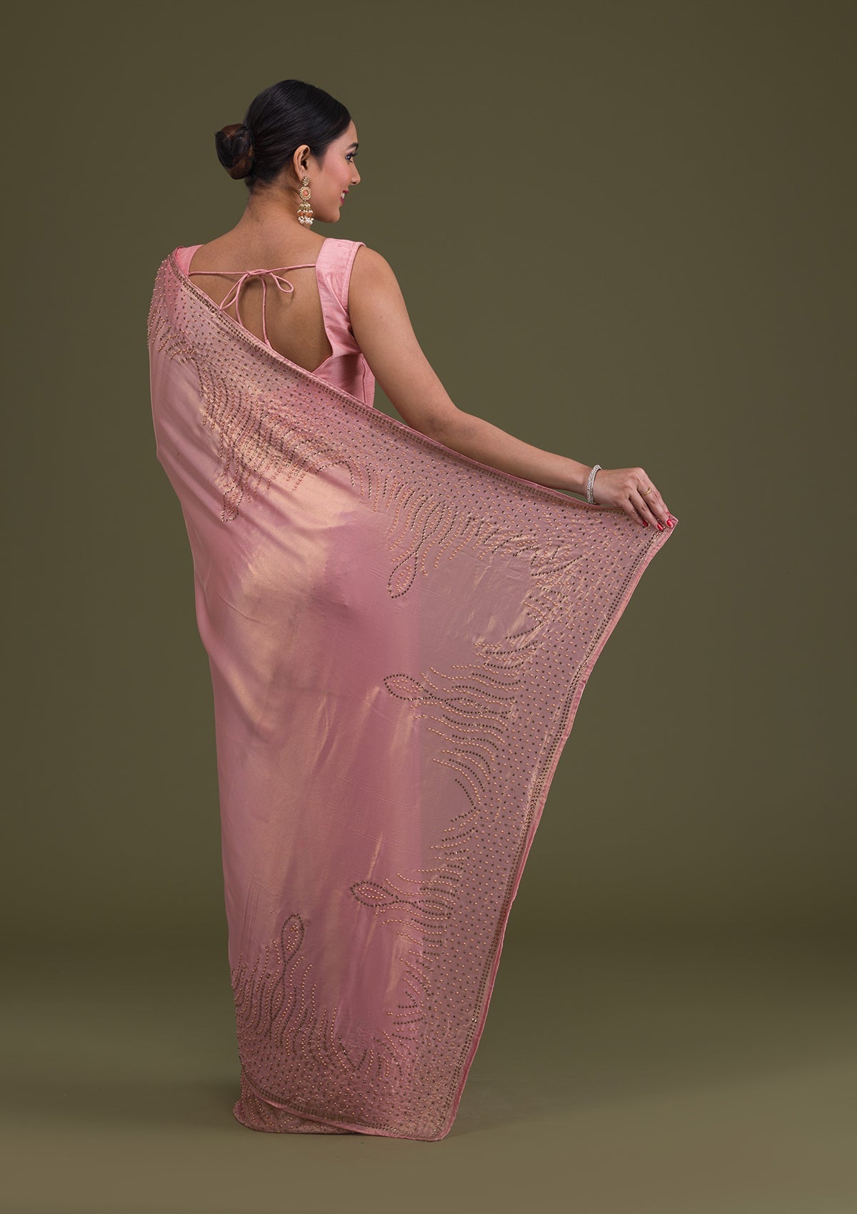 Onion Pink Stonework Satin Designer Saree