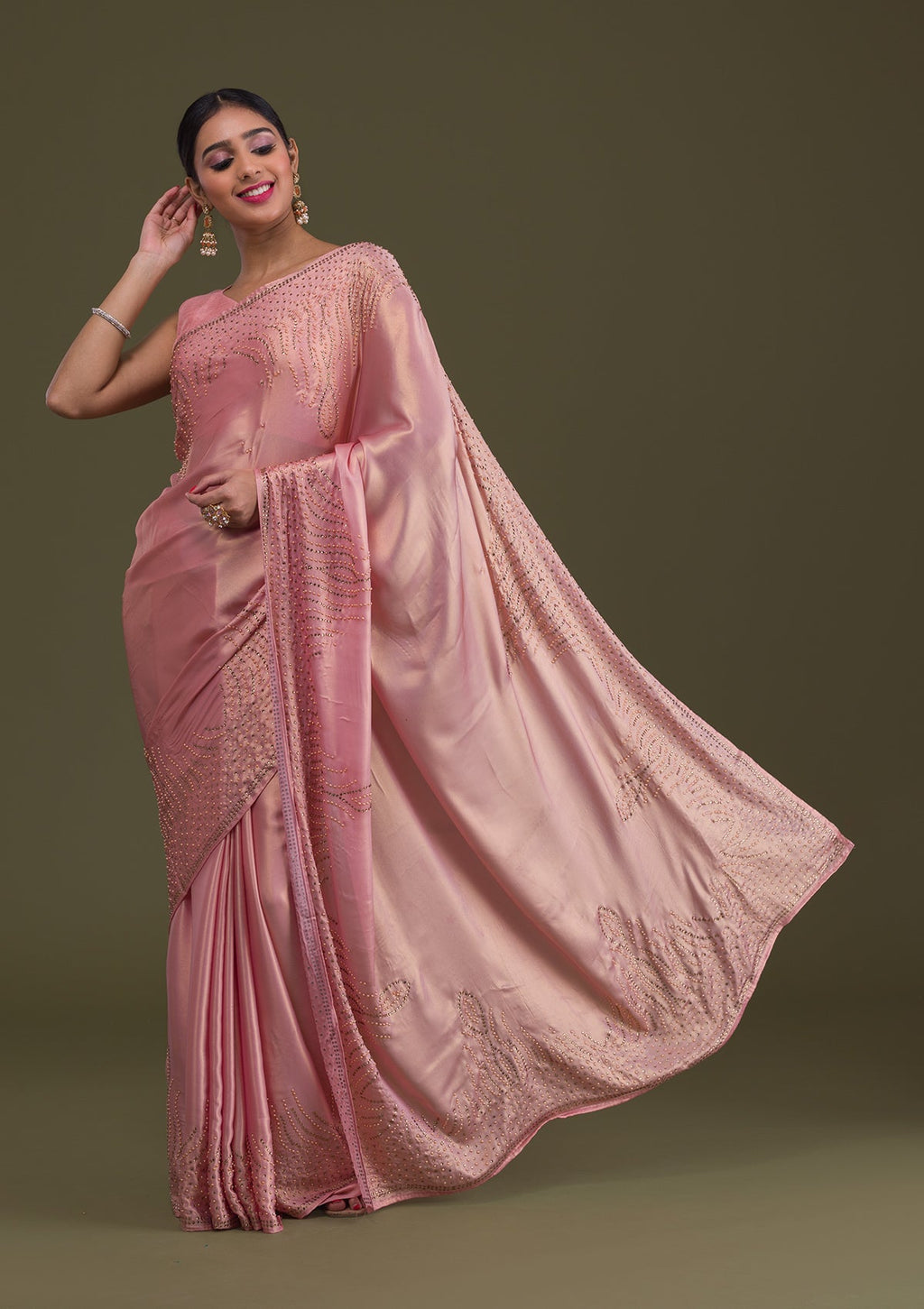 Onion Pink Stonework Satin Designer Saree