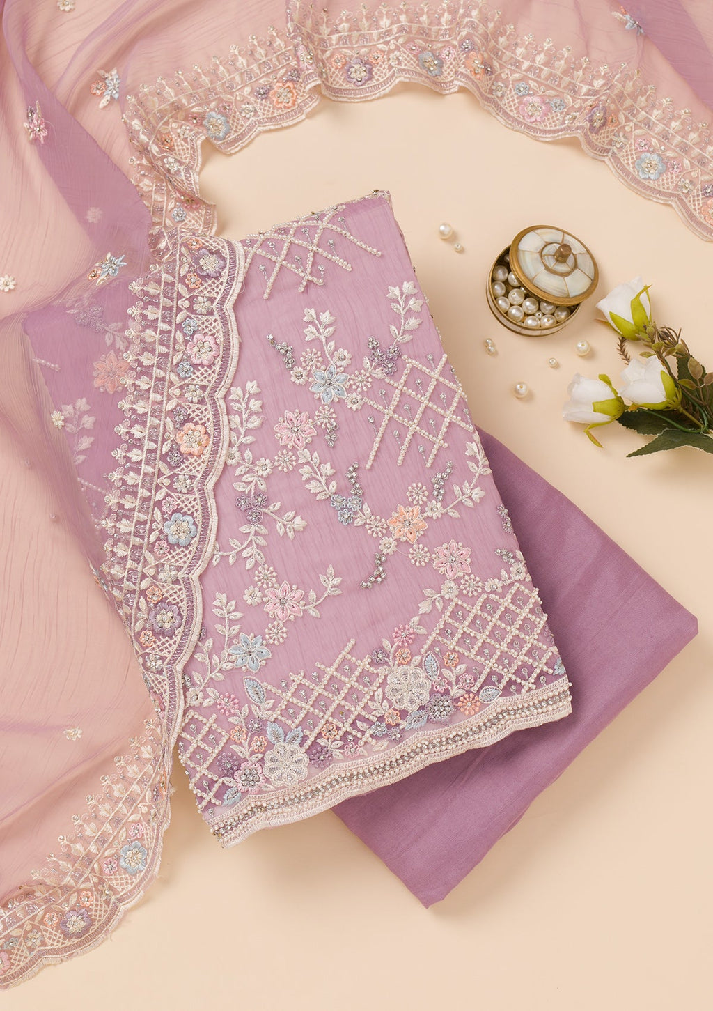 Lavender Stonework Semi Crepe Unstitched Salwar Suit