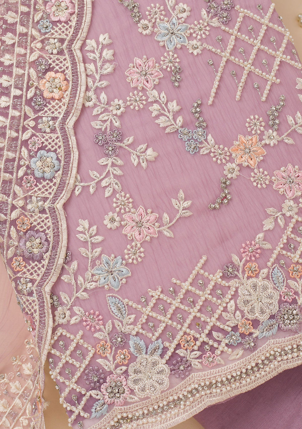 Lavender Stonework Semi Crepe Unstitched Salwar Suit