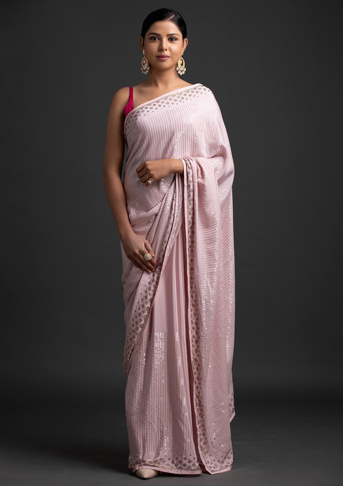 Lavender Sequins Semi Crepe Designer Saree