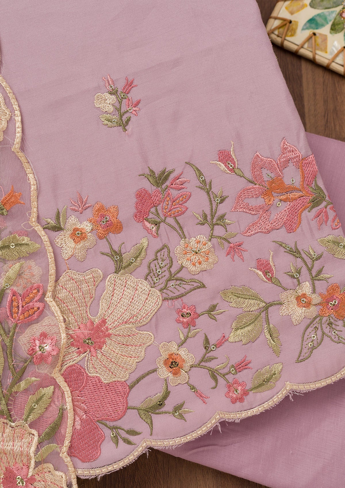 Lavender Threadwork Chanderi Unstitched Salwar Suit
