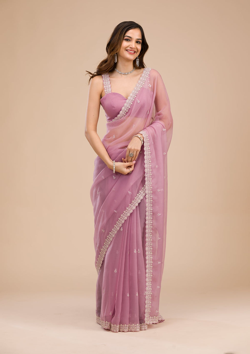 Lavender Silver Stonework Tissue Saree