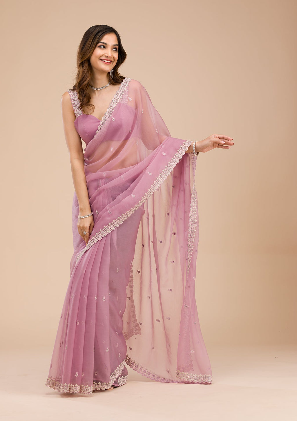 Lavender Silver Stonework Tissue Saree