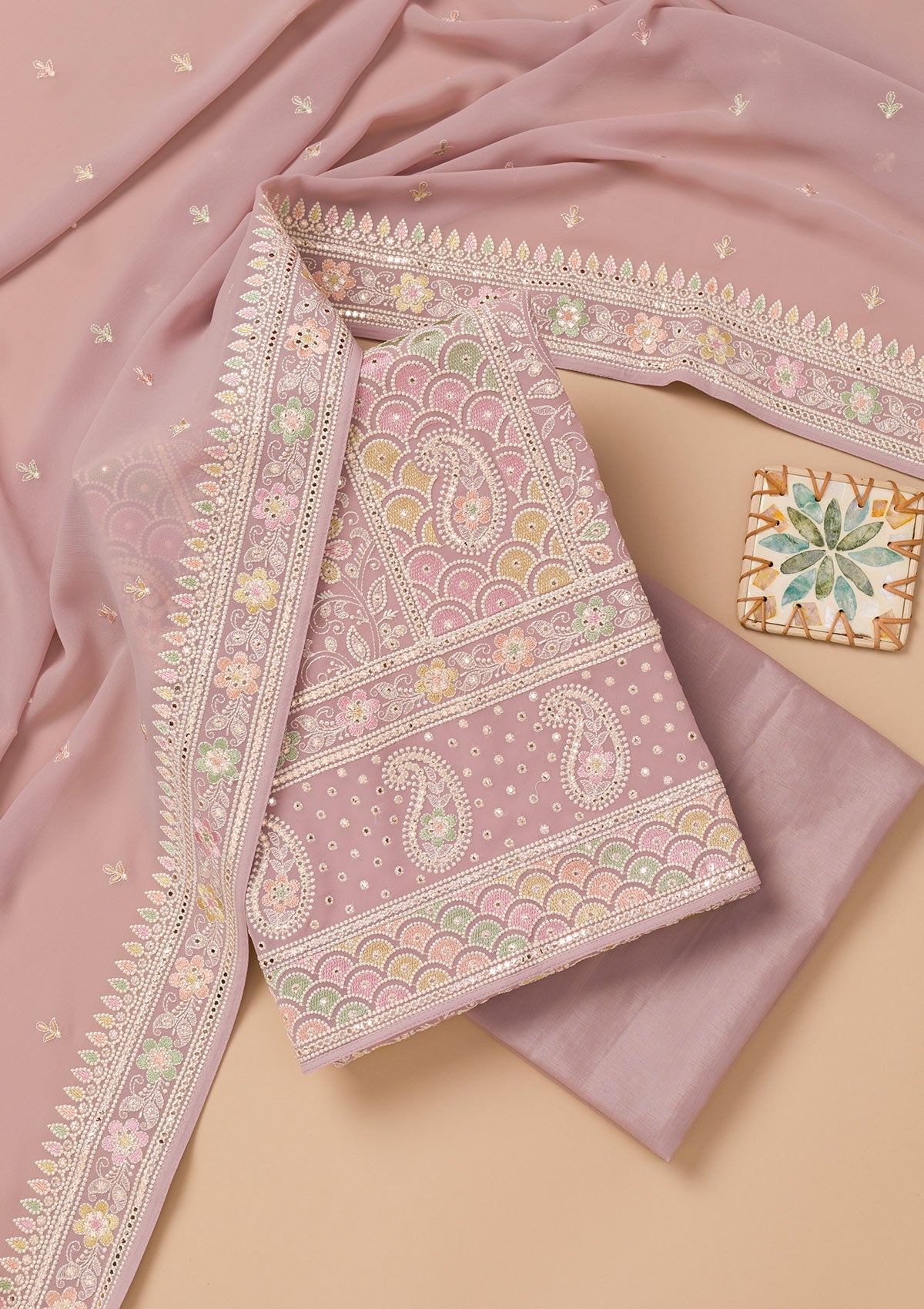 Lavender Threadwork Georgette Unstitched Salwar Suit