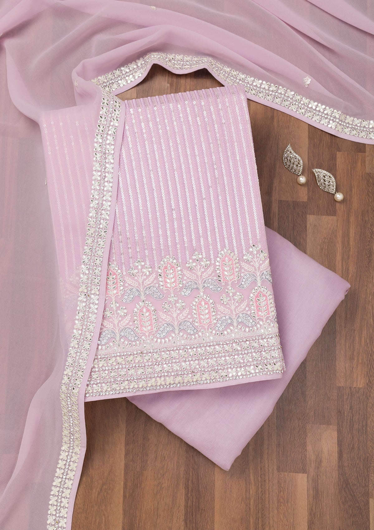 Lavender Threadwork Georgette Unstitched Salwar Suit