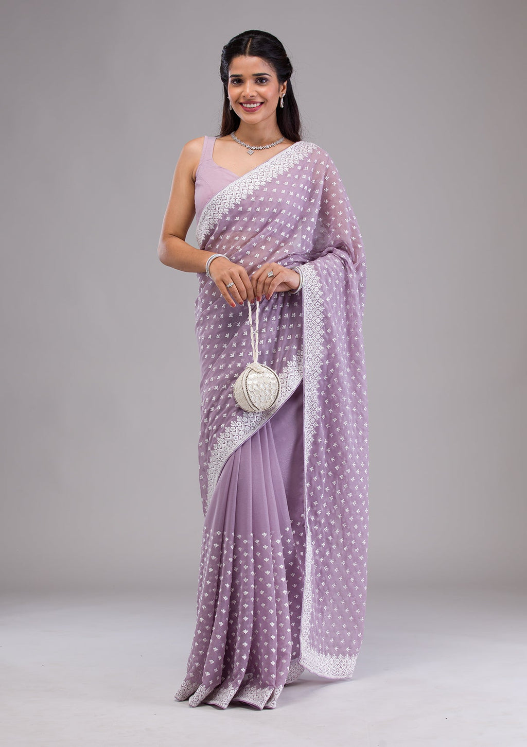 Lavender Threadwork Georgette Saree