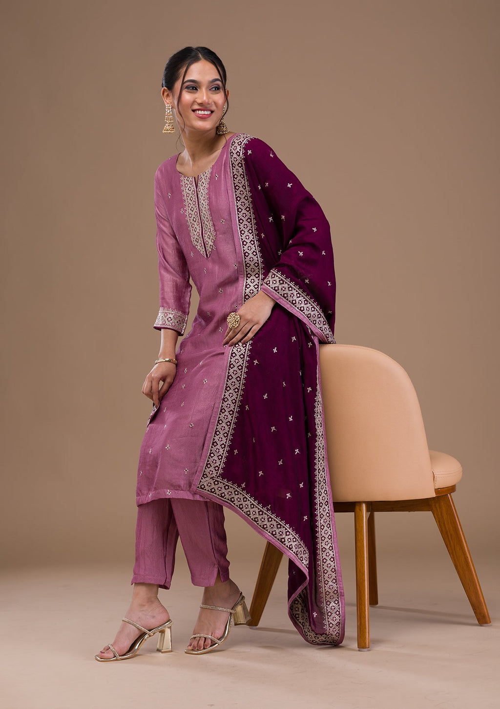Lavender Threadwork Raw Silk Readymade Salwar Suit
