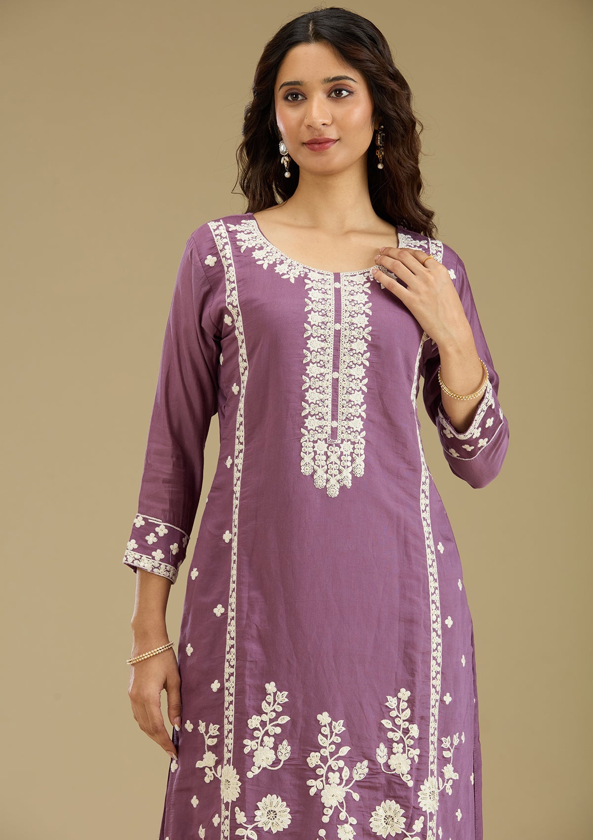 Lavender Threadwork Semi Crepe Readymade Salwar Suit