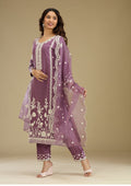 Lavender Threadwork Semi Crepe Readymade Salwar Suit