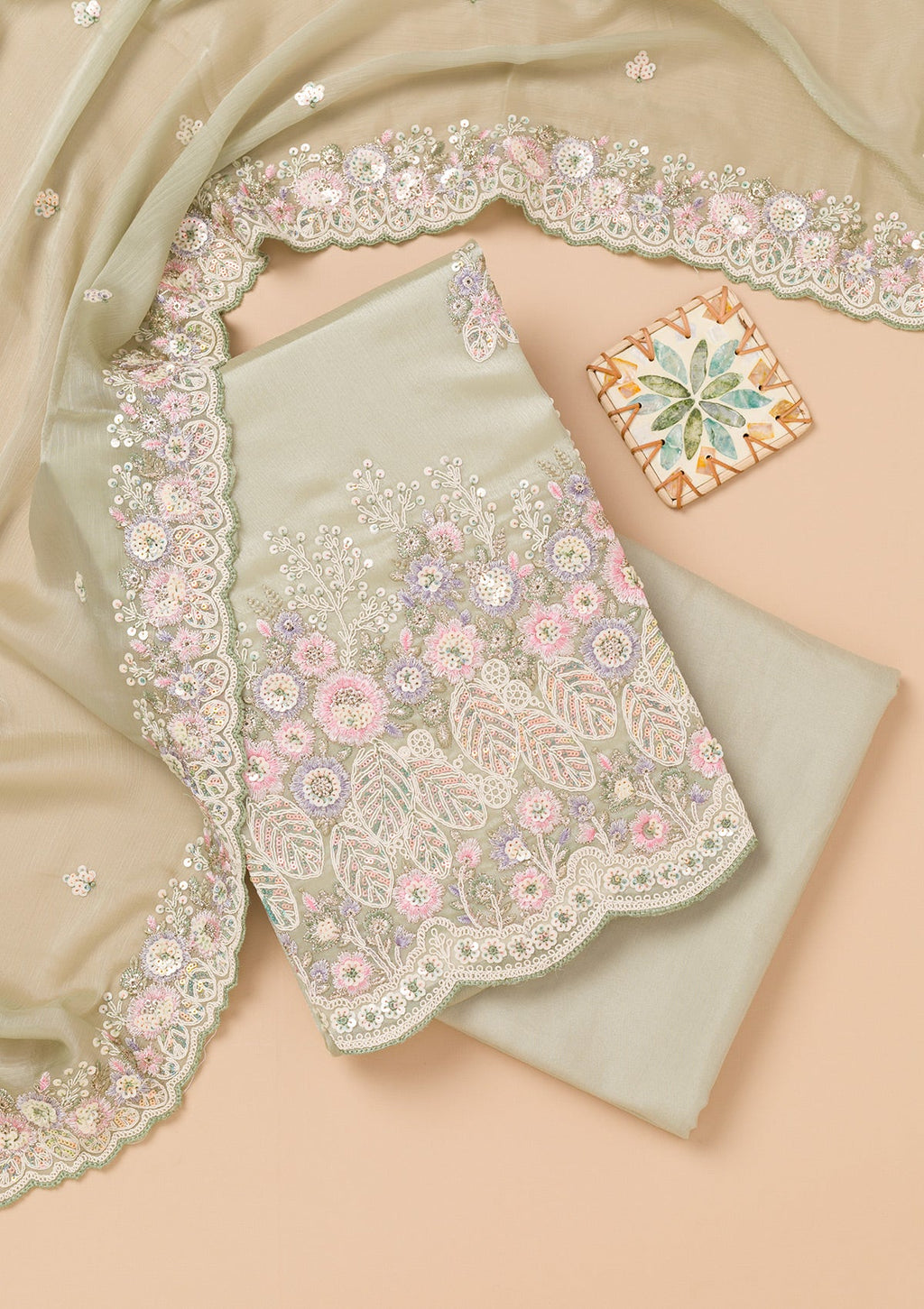 Pista Green Threadwork Semi Crepe Unstitched Salwar Suit
