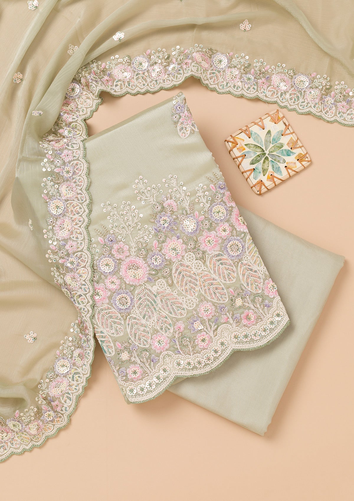 Pista Green Threadwork Semi Crepe Unstitched Salwar Suit