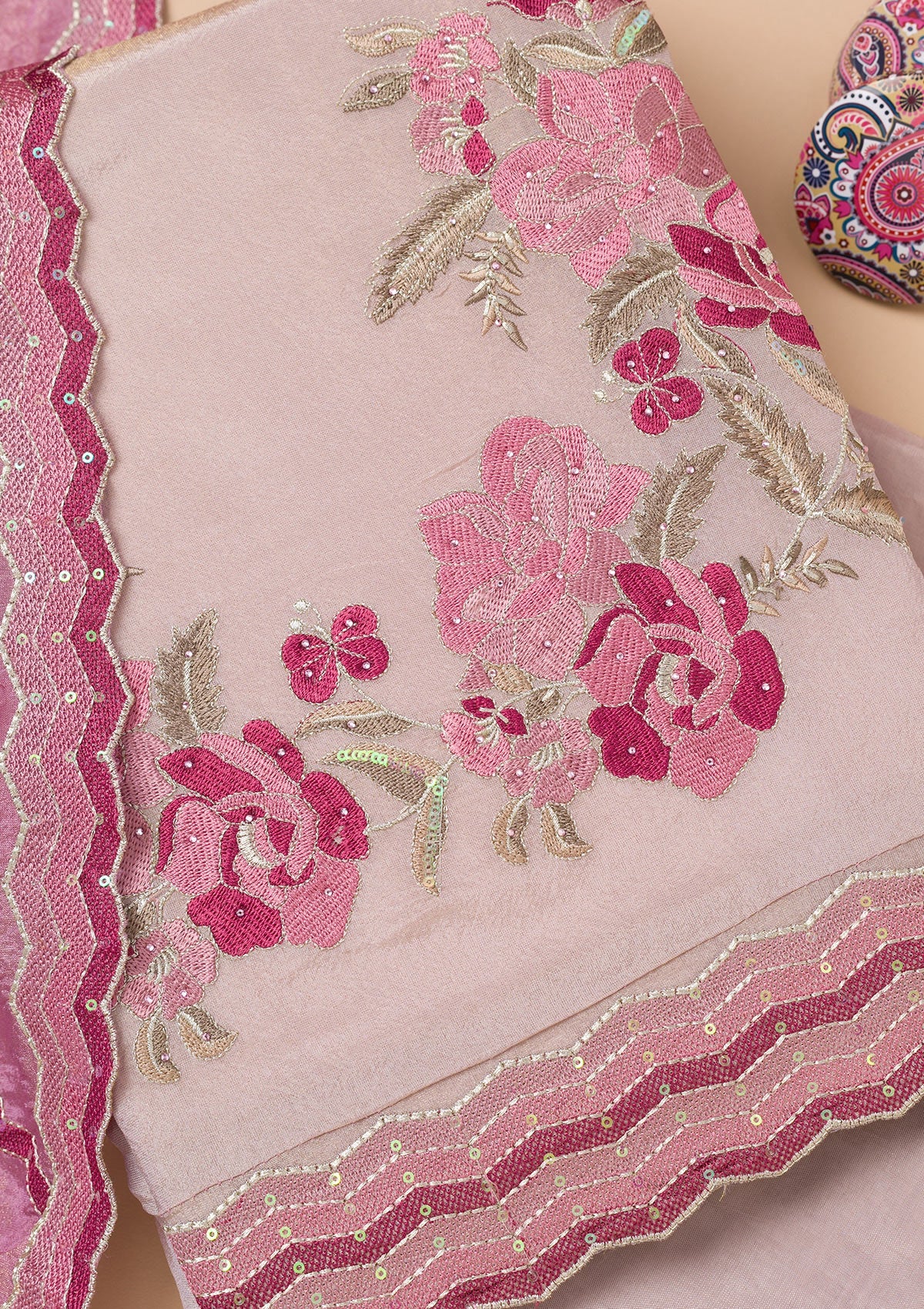 Lavender Threadwork Semi Crepe Unstitched Salwar Suit