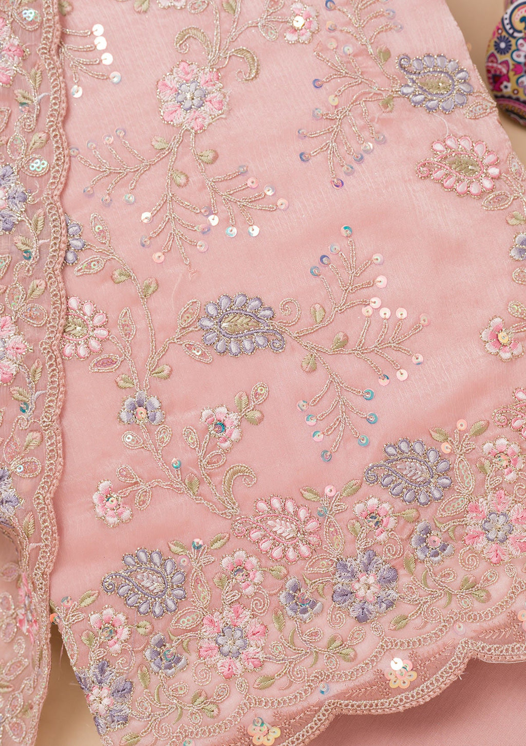 Peach Threadwork Semi Crepe Unstitched Salwar Suit
