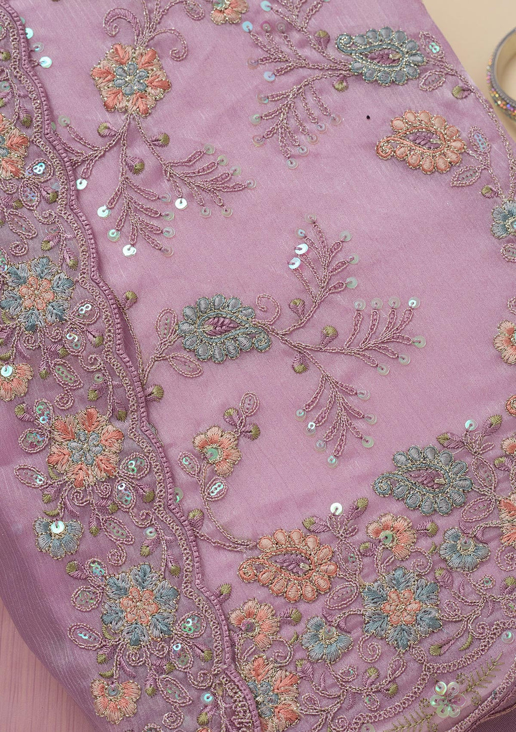 Lavender Threadwork Semi Crepe Unstitched Salwar Suit