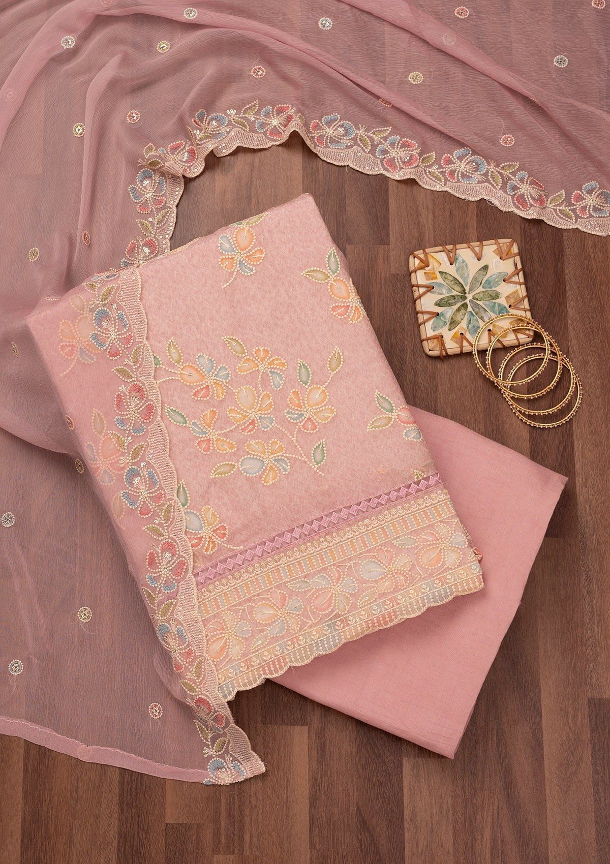 Lavender Threadwork Semi Crepe Unstitched Salwar Suit