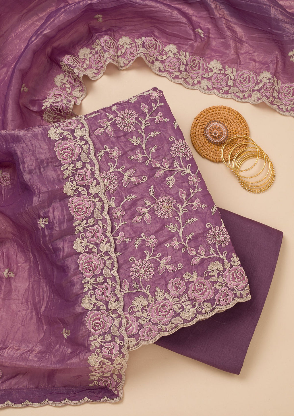 Lavender Threadwork Semi Crepe Unstitched Salwar Suit