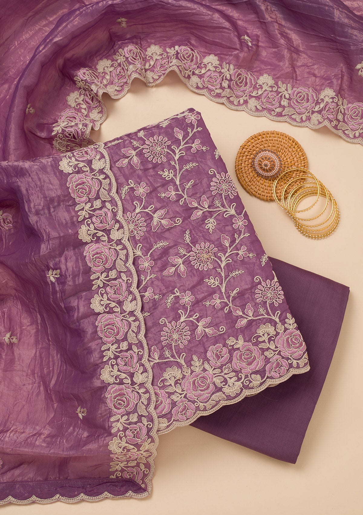 Lavender Threadwork Semi Crepe Unstitched Salwar Suit