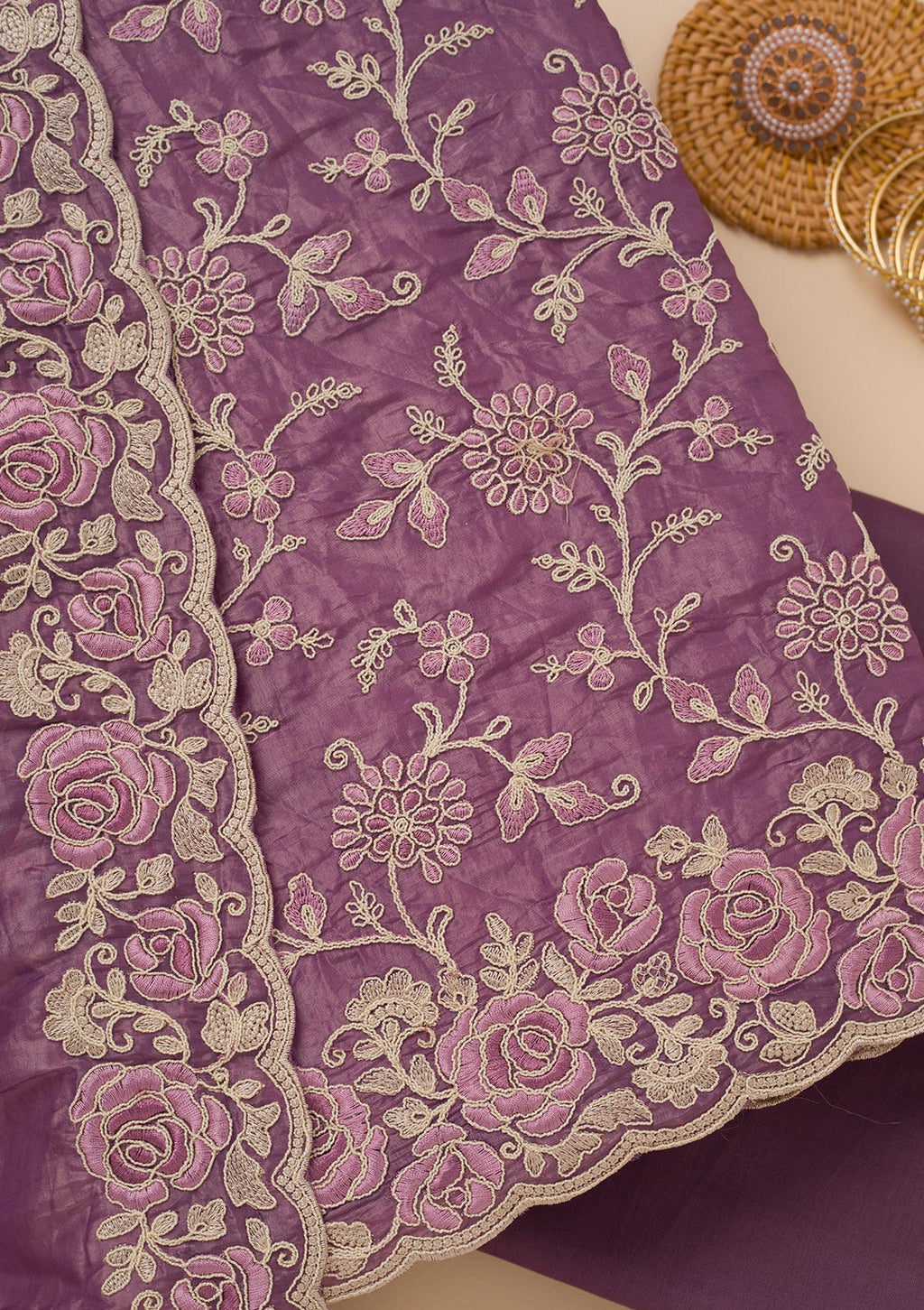 Lavender Threadwork Semi Crepe Unstitched Salwar Suit