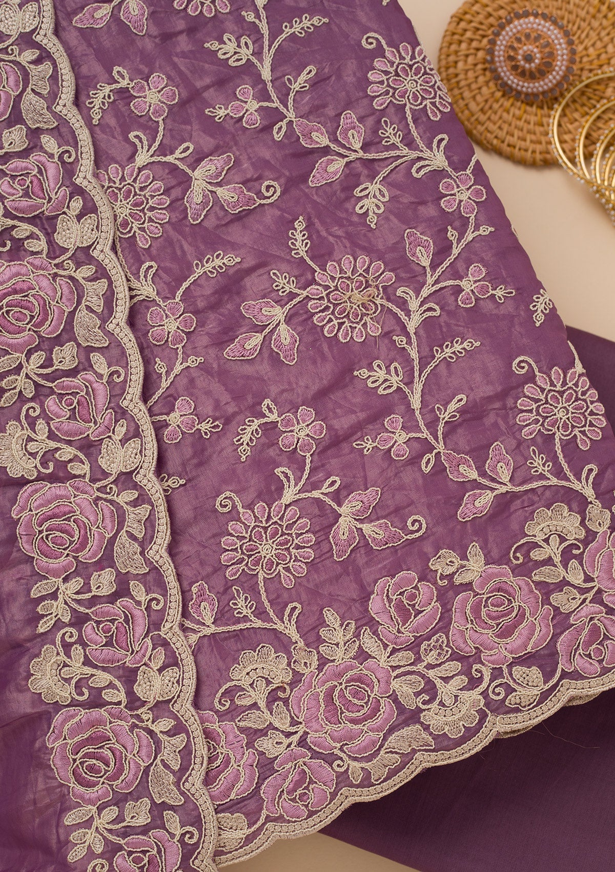 Lavender Threadwork Semi Crepe Unstitched Salwar Suit