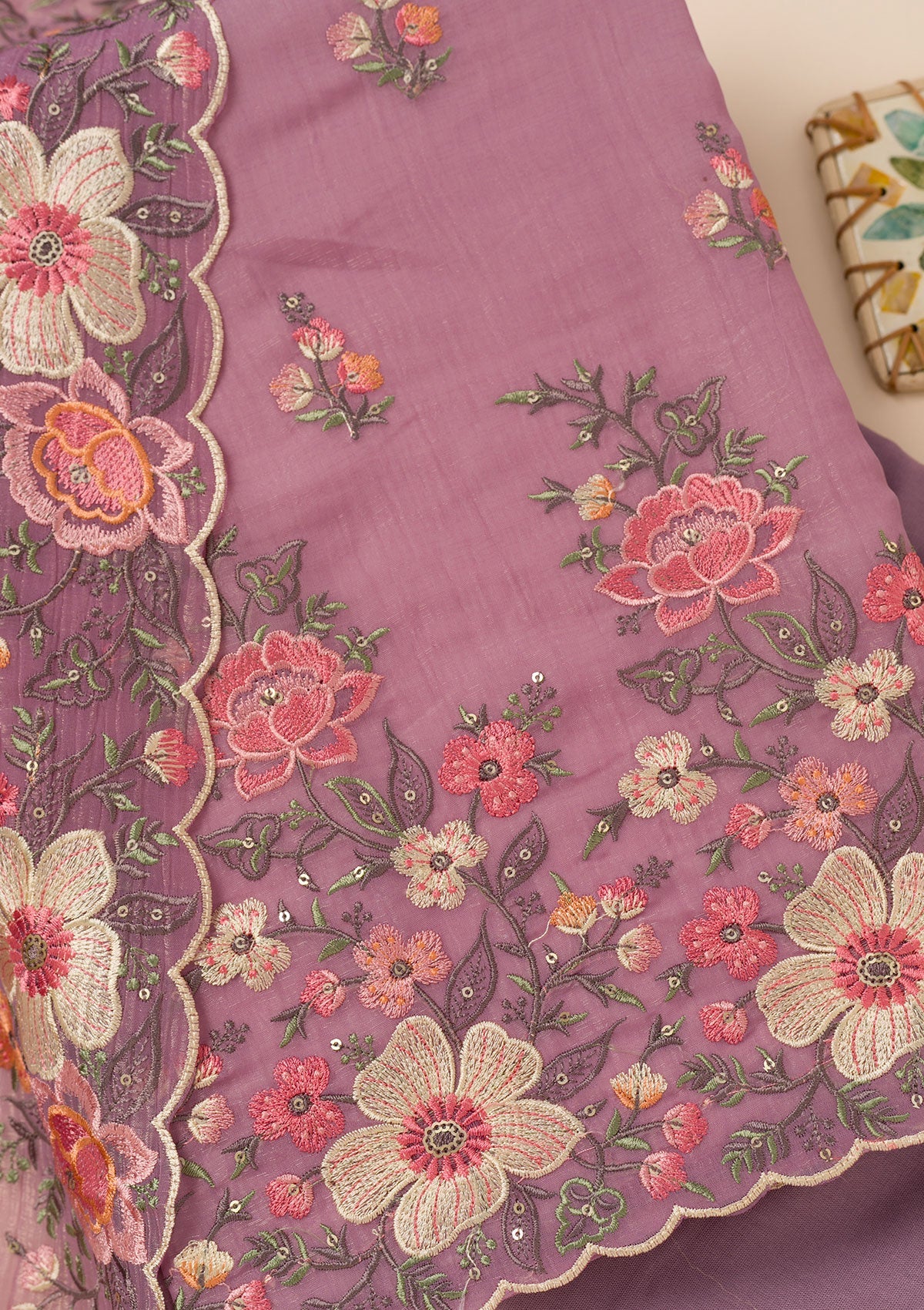 Lavender Threadwork Tissue Unstitched Salwar Suit