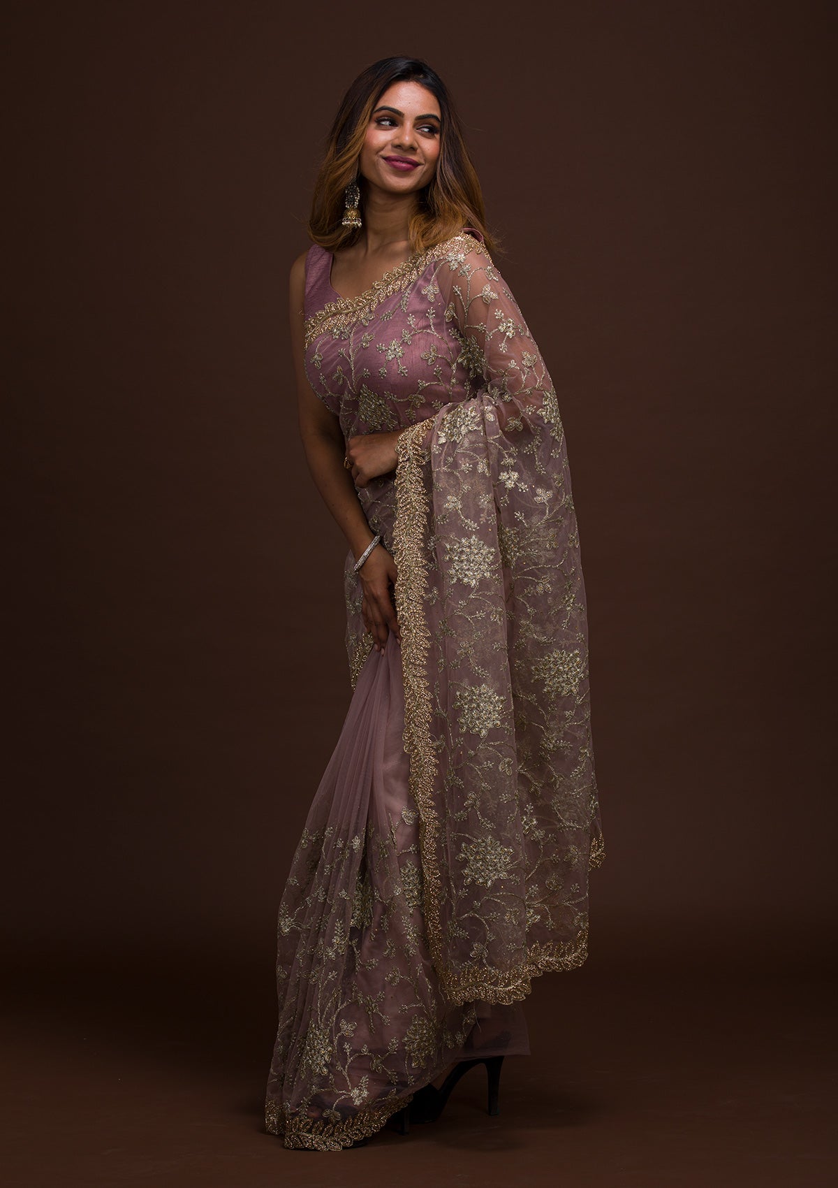 Lavender Zariwork Net Designer Saree