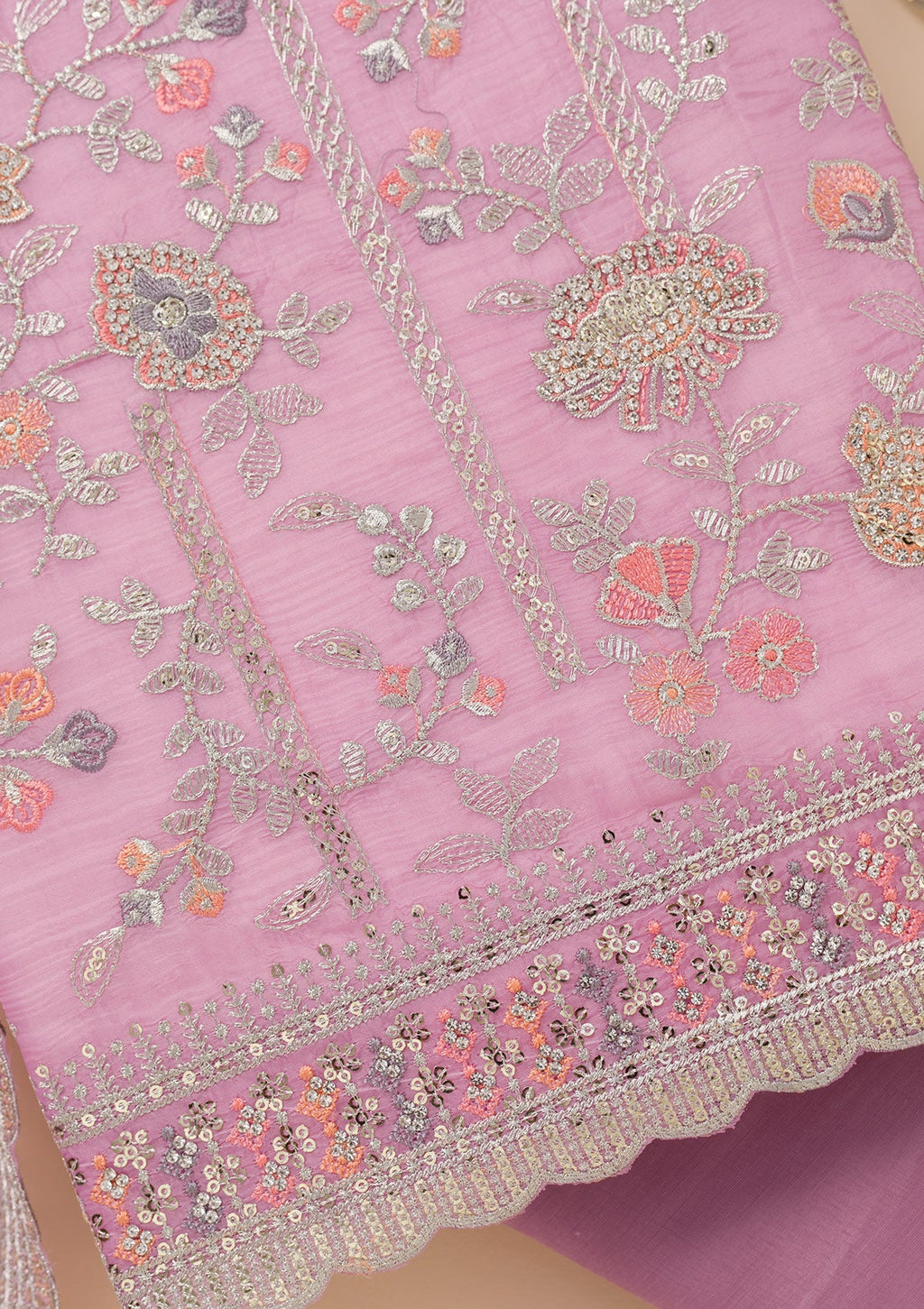 Lavender Zariwork Organza Unstitched Salwar Suit