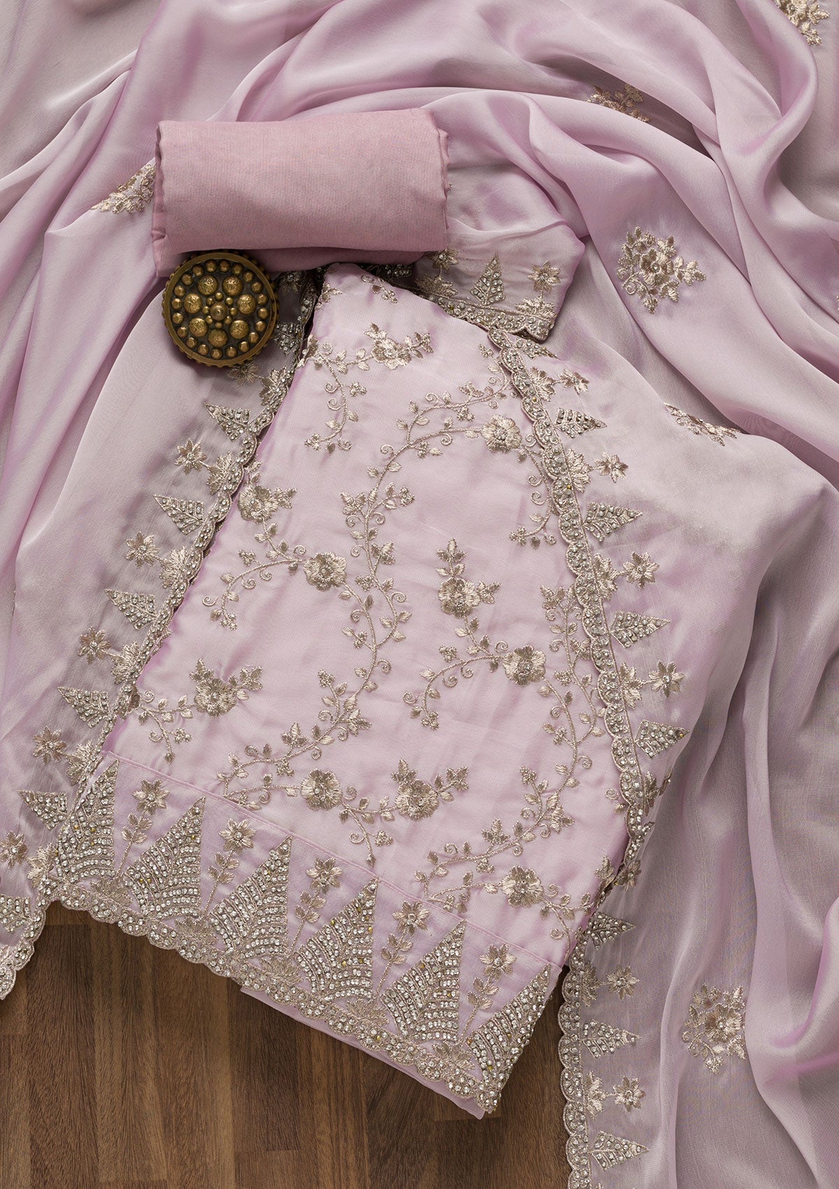 Lavender Zariwork Semi Crepe Unstitched Salwar Suit