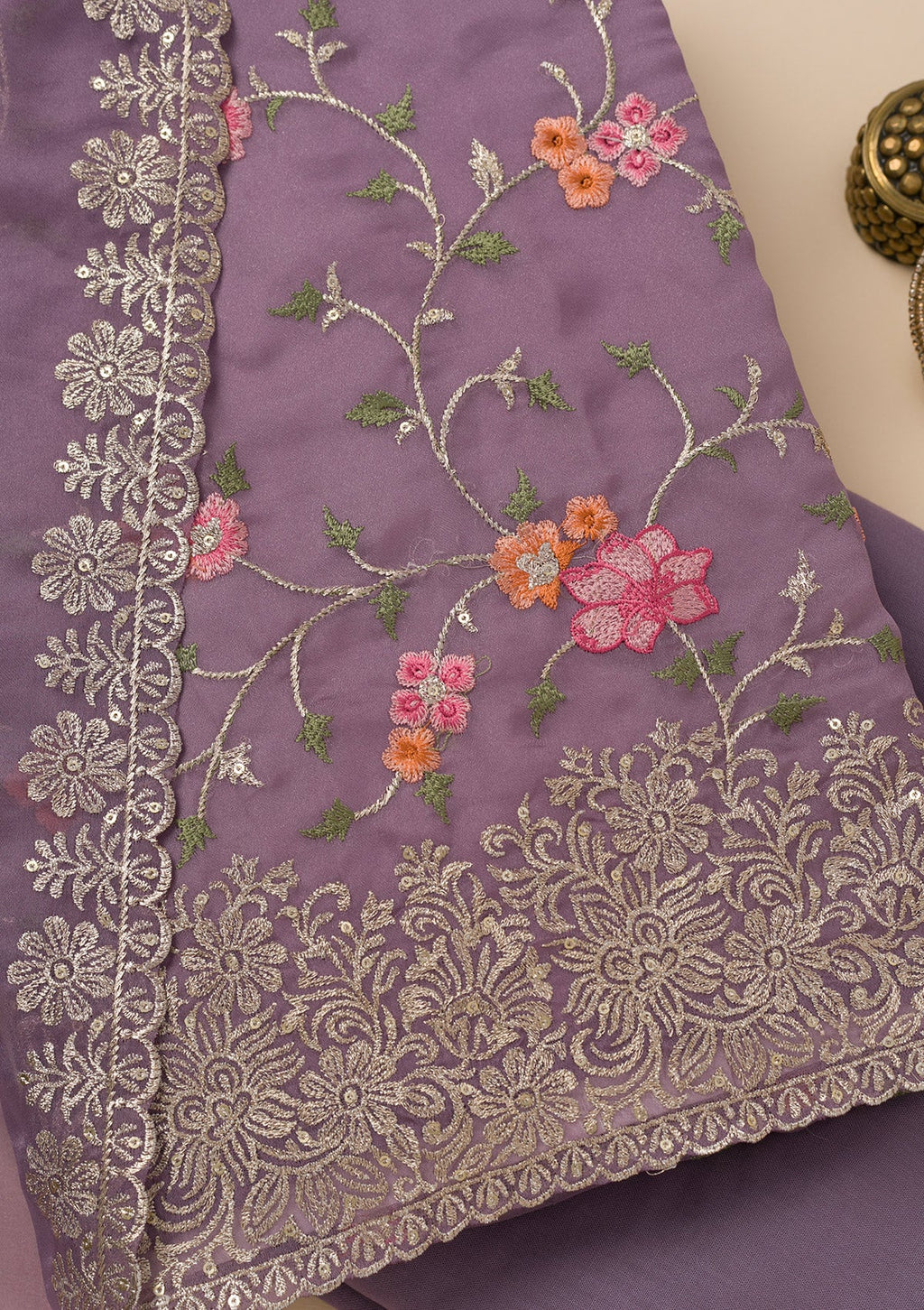 Lavender Zariwork Semi Crepe Unstitched Salwar Suit