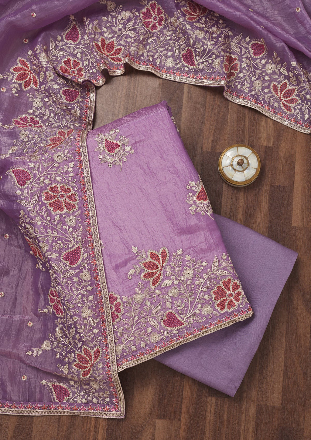 Lavender Zariwork Semi Crepe Unstitched Salwar Suit