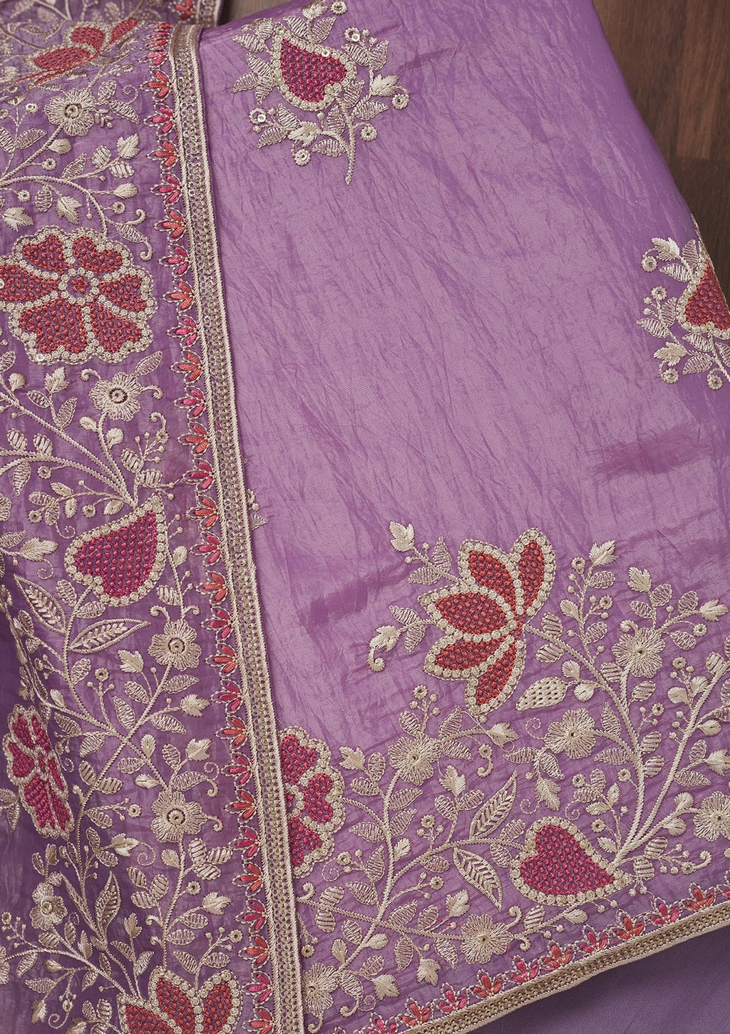 Lavender Zariwork Semi Crepe Unstitched Salwar Suit