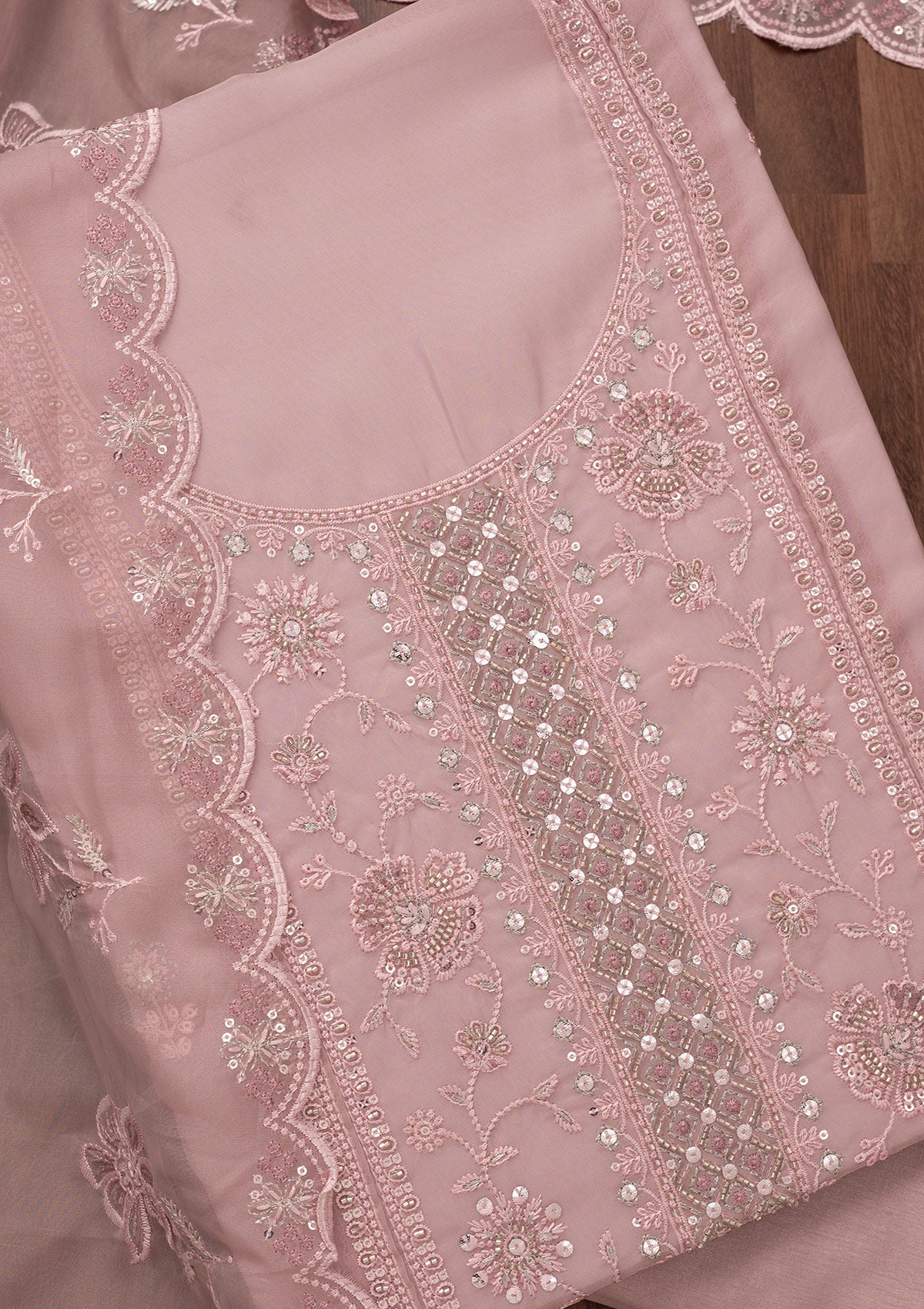 Lavender Zariwork Semi Crepe Unstitched Salwar Suit
