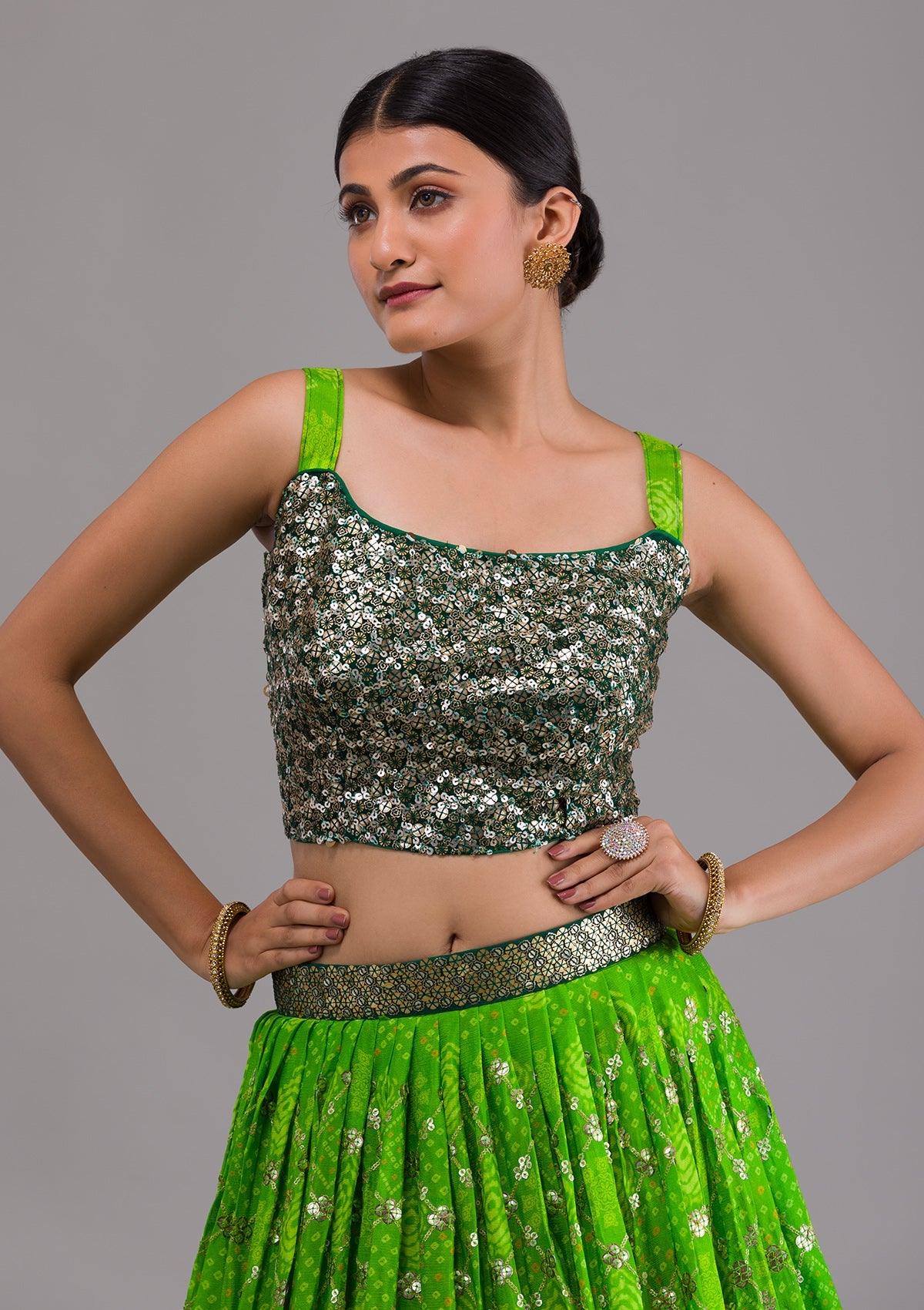 Leaf Green Sequins Georgette Readymade Lehenga