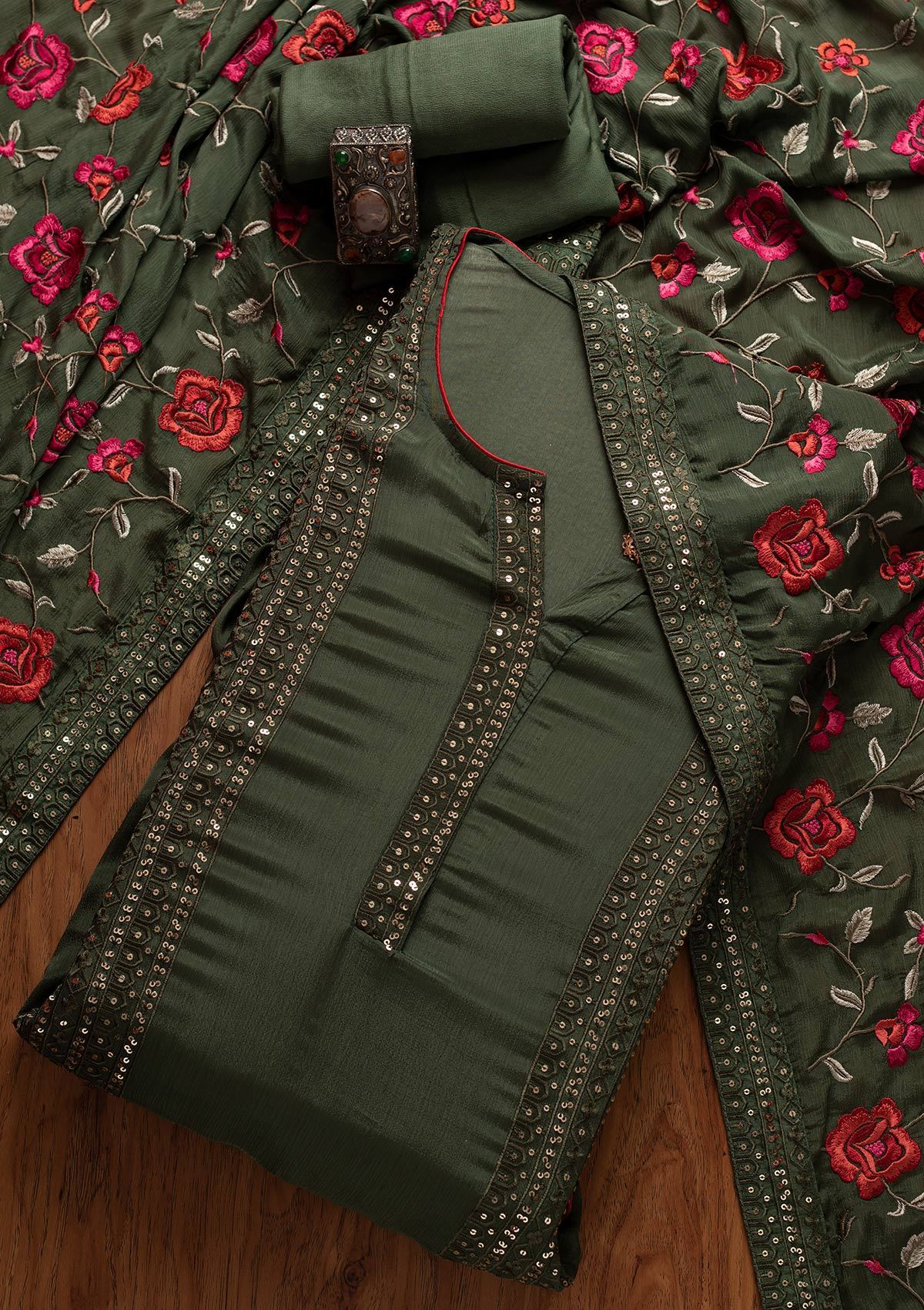 Leaf Green Sequins Semi Crepe Semi-Stitched Salwar Suit