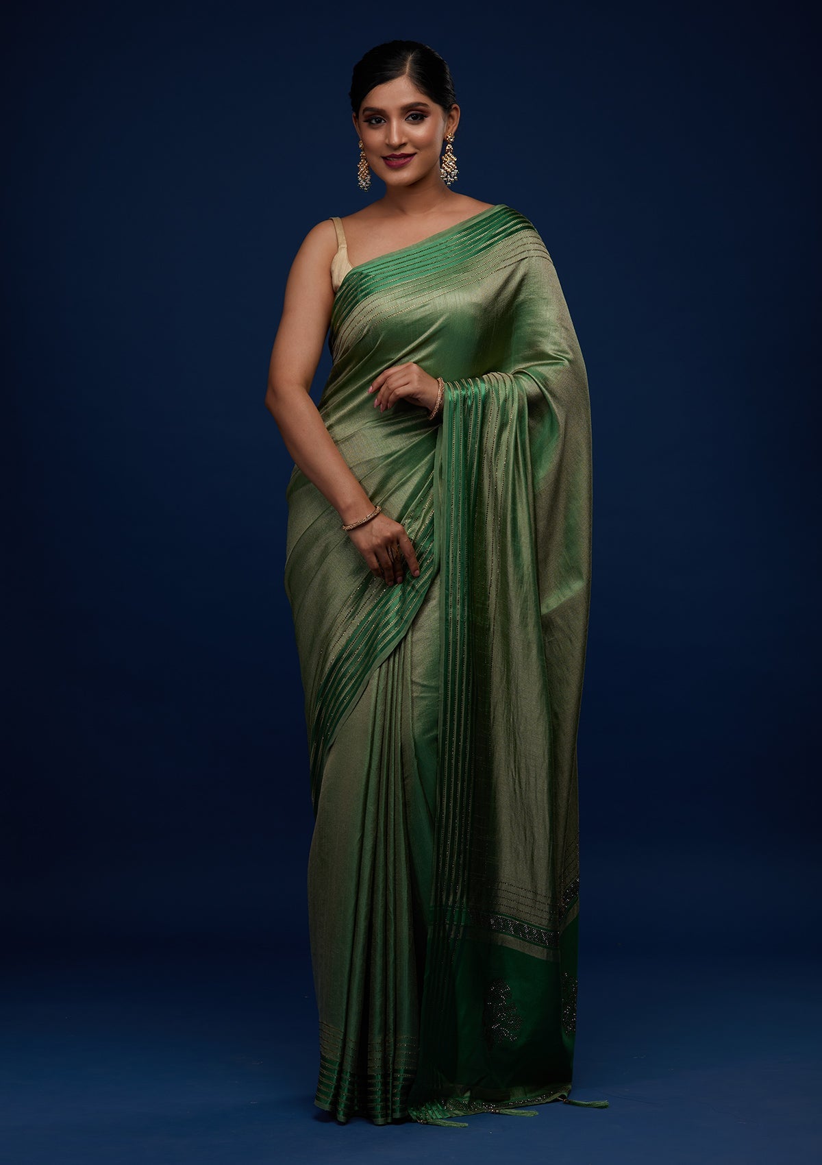 Leaf Green Swarovski Semi Crepe Designer Saree
