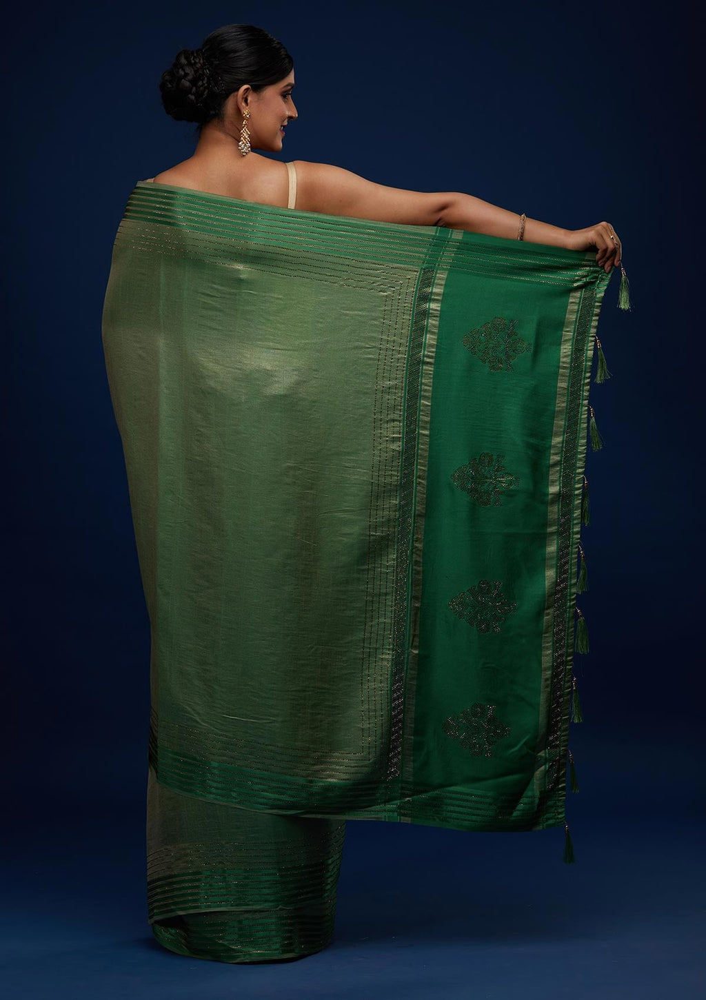 Leaf Green Swarovski Semi Crepe Designer Saree