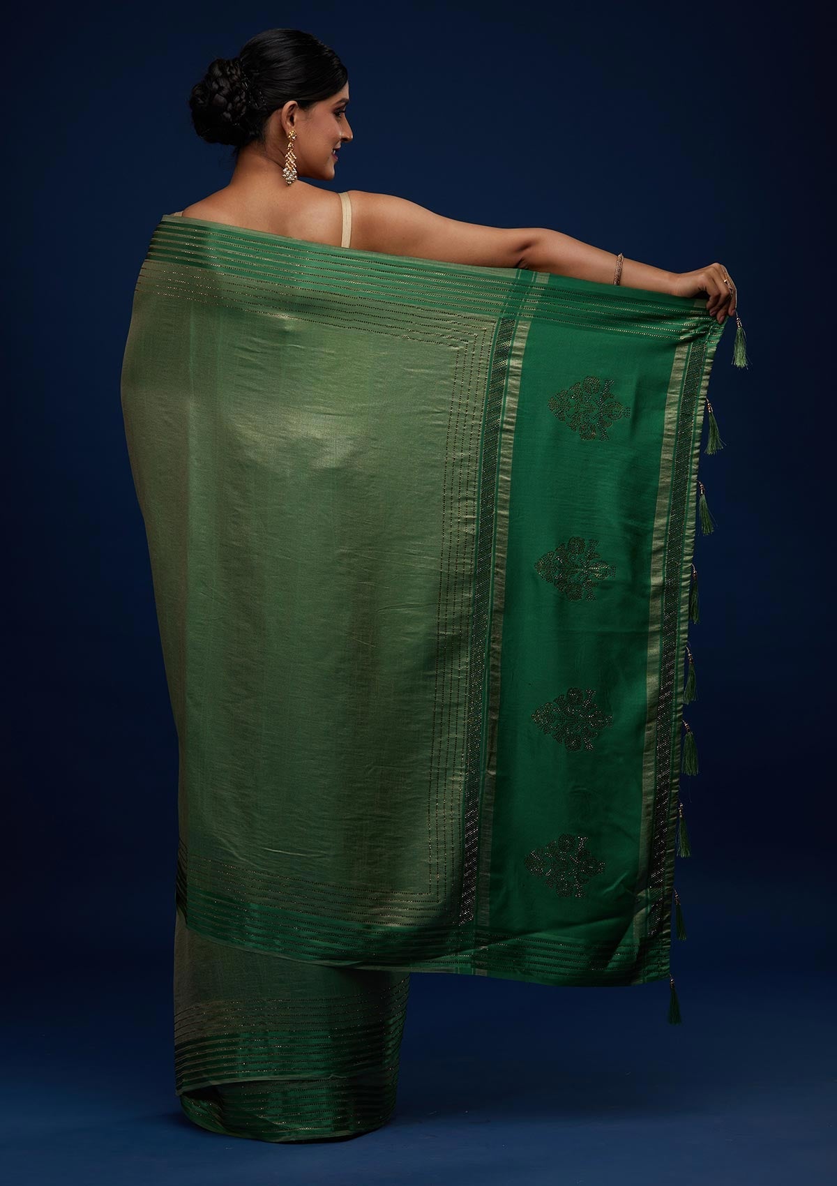 Leaf Green Swarovski Semi Crepe Designer Saree