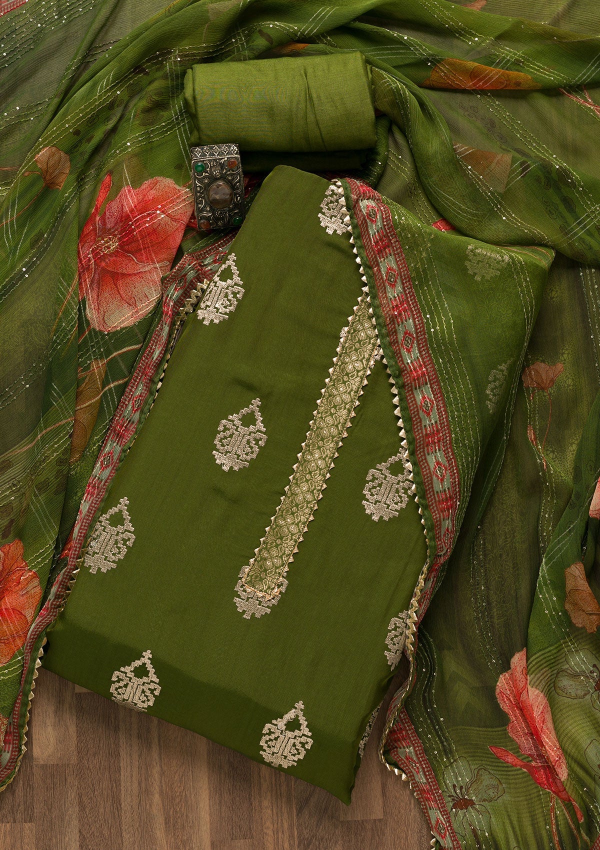 Leaf Green Zariwork Georgette Unstitched Salwar Suit