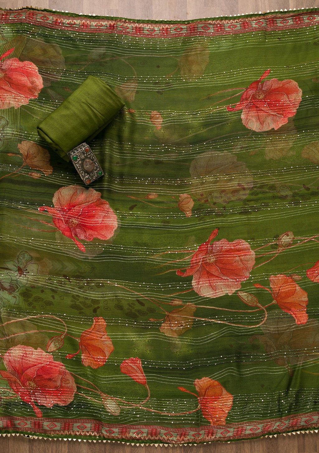 Leaf Green Zariwork Georgette Unstitched Salwar Suit